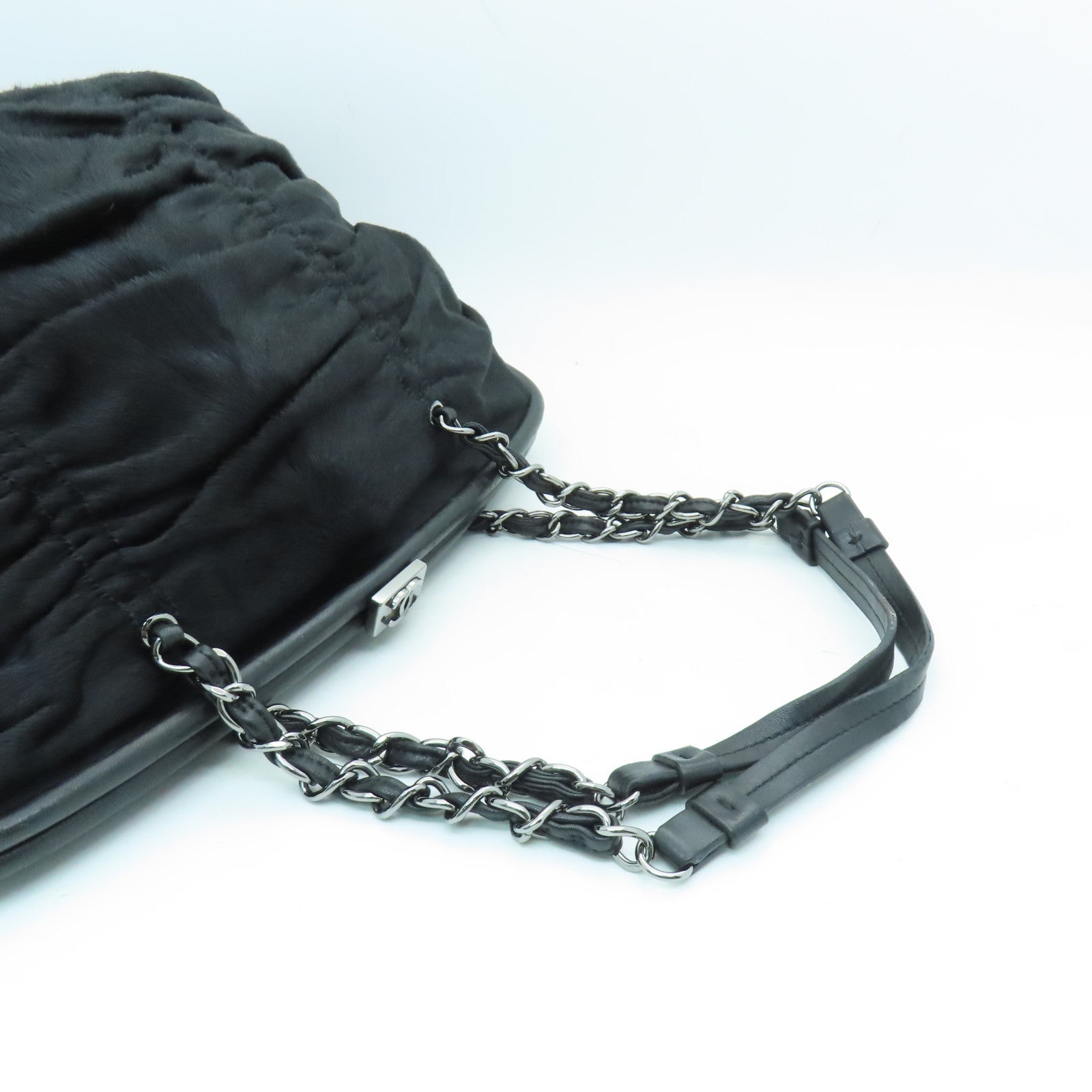 CHANEL horse hair Chain Shoulder Bag silver buckle chain shoulder bag black