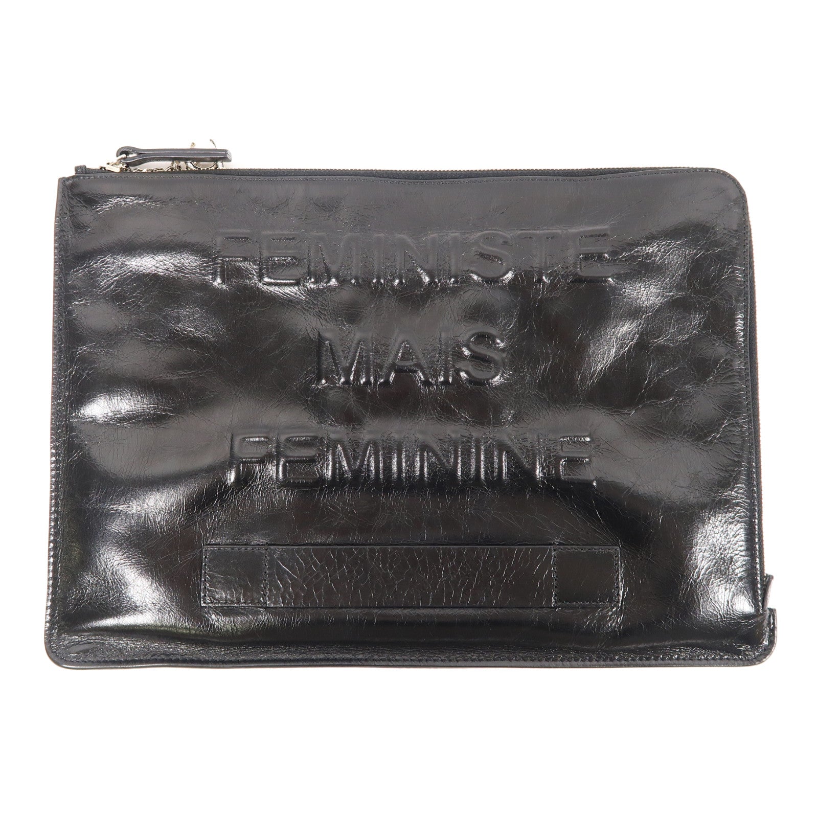 CHANEL 皮革Feminine Pouch Large銀扣手拿包黑色