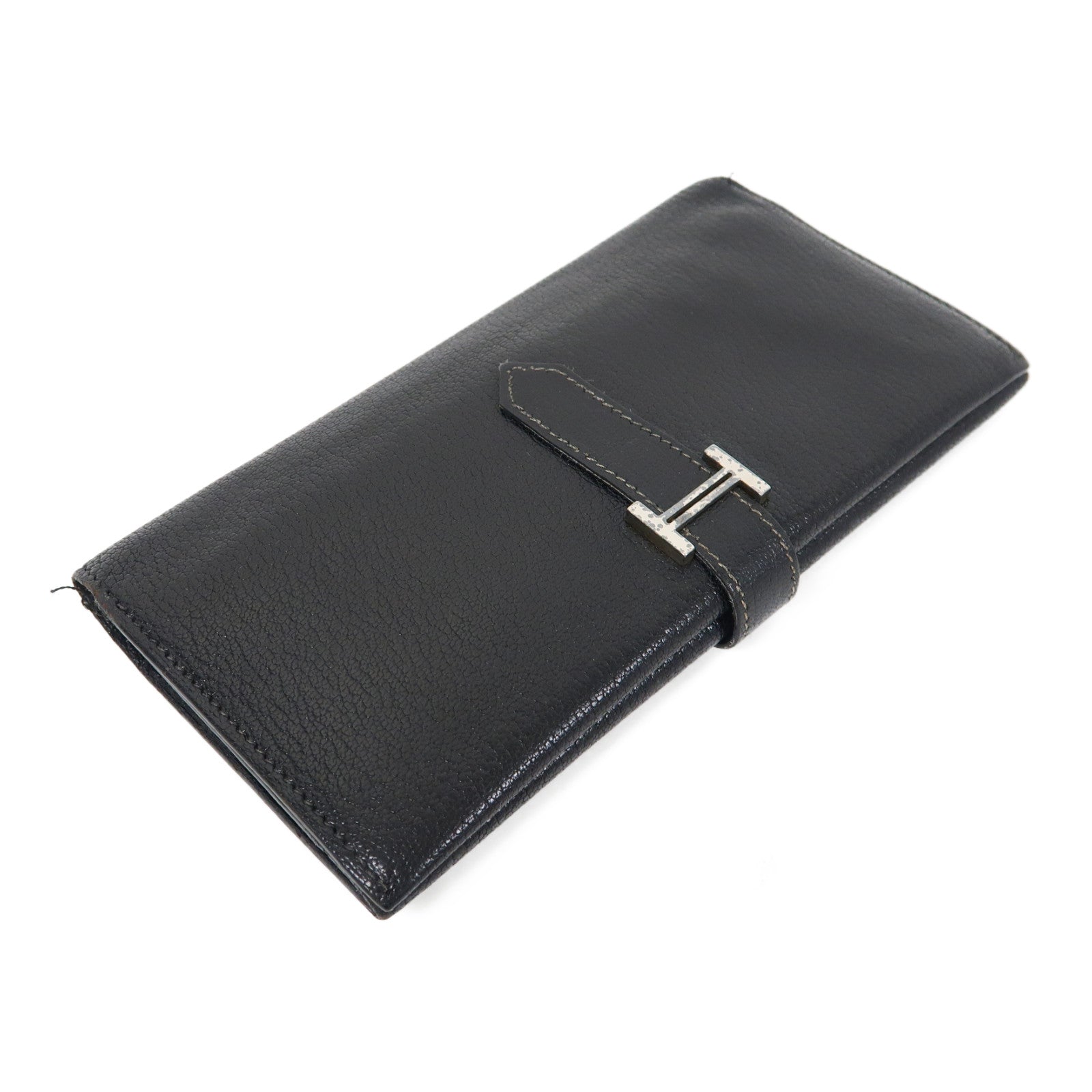 HERMES Chevre皮革Bearn tri-fold銀扣折疊長錢包黑色