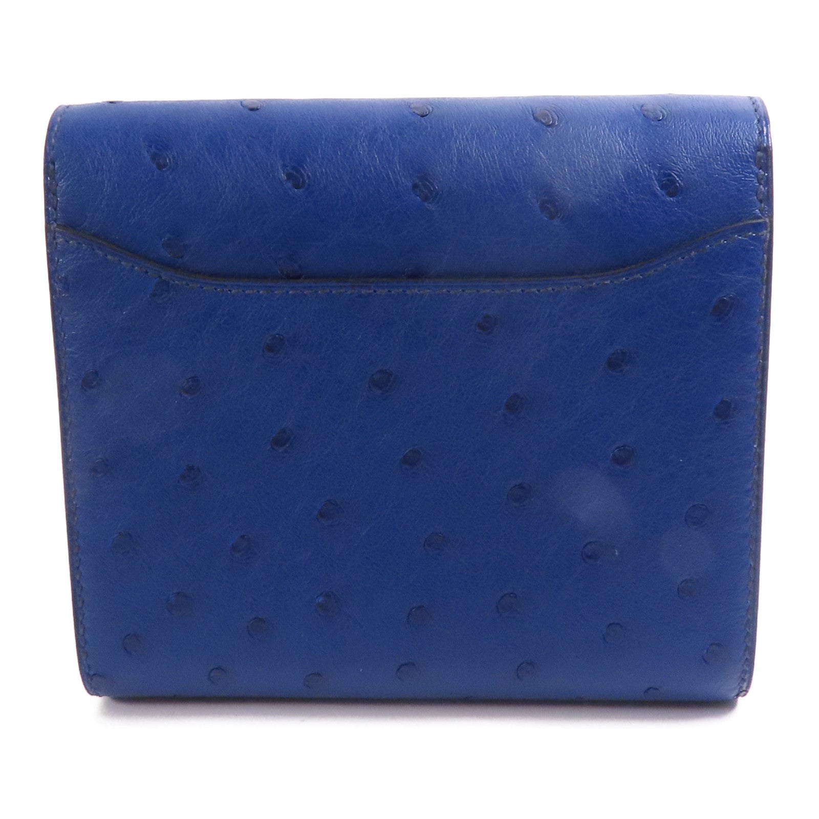 HERMES 鴕鳥皮革Constance Short Wallet金扣錢包7T Bleu Electrique