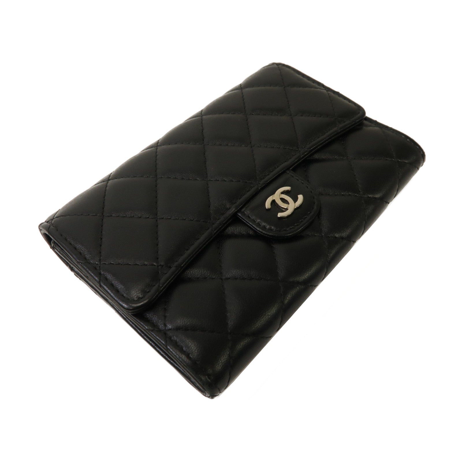 CHANEL 菱格羊皮皮革Classic Medium Wallet銀扣錢包黑色