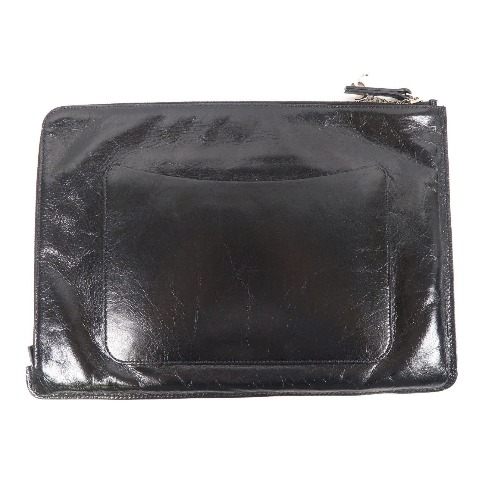 CHANEL 皮革Feminine Pouch Large銀扣手拿包黑色