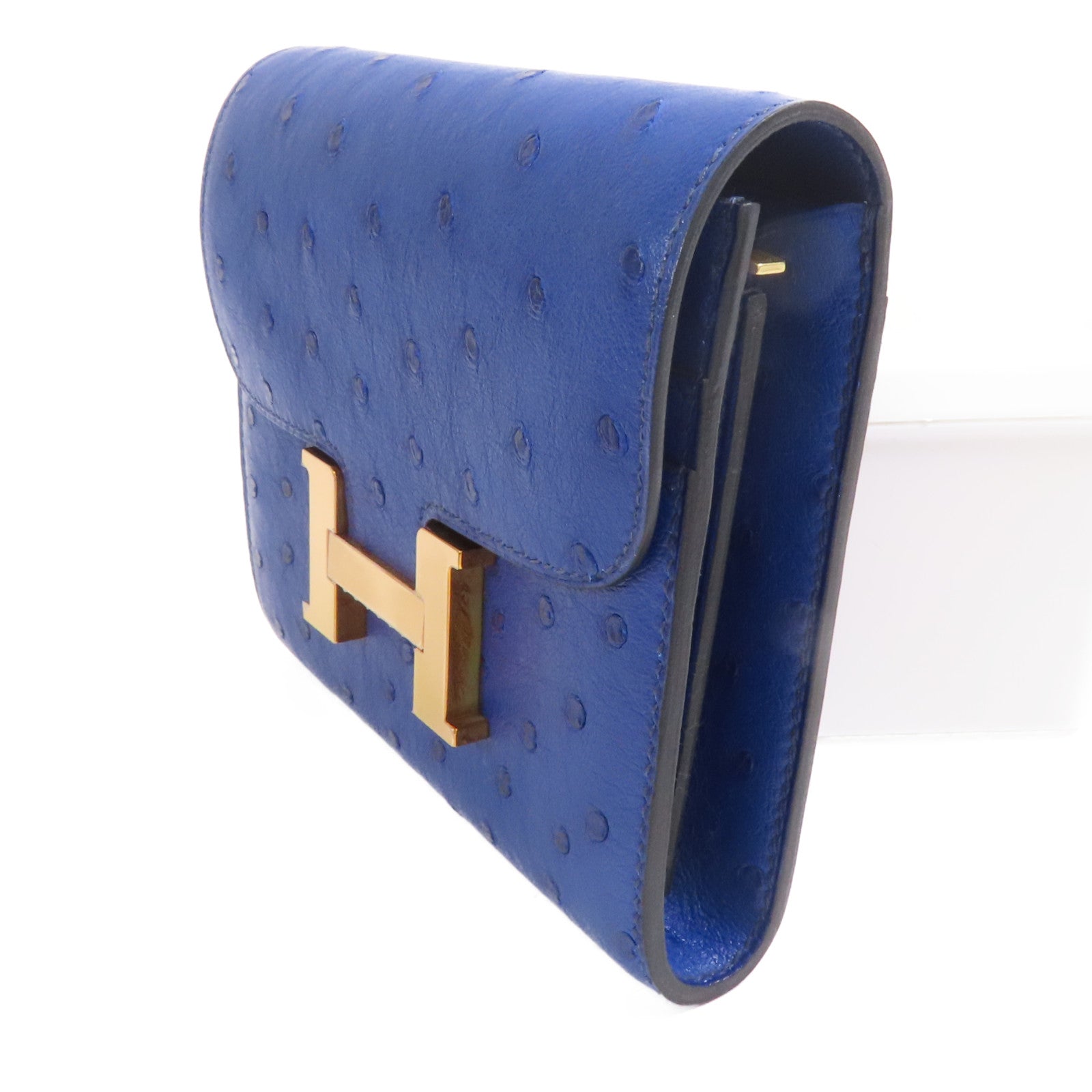 HERMES 鴕鳥皮革Constance Short Wallet金扣錢包7T Bleu Electrique