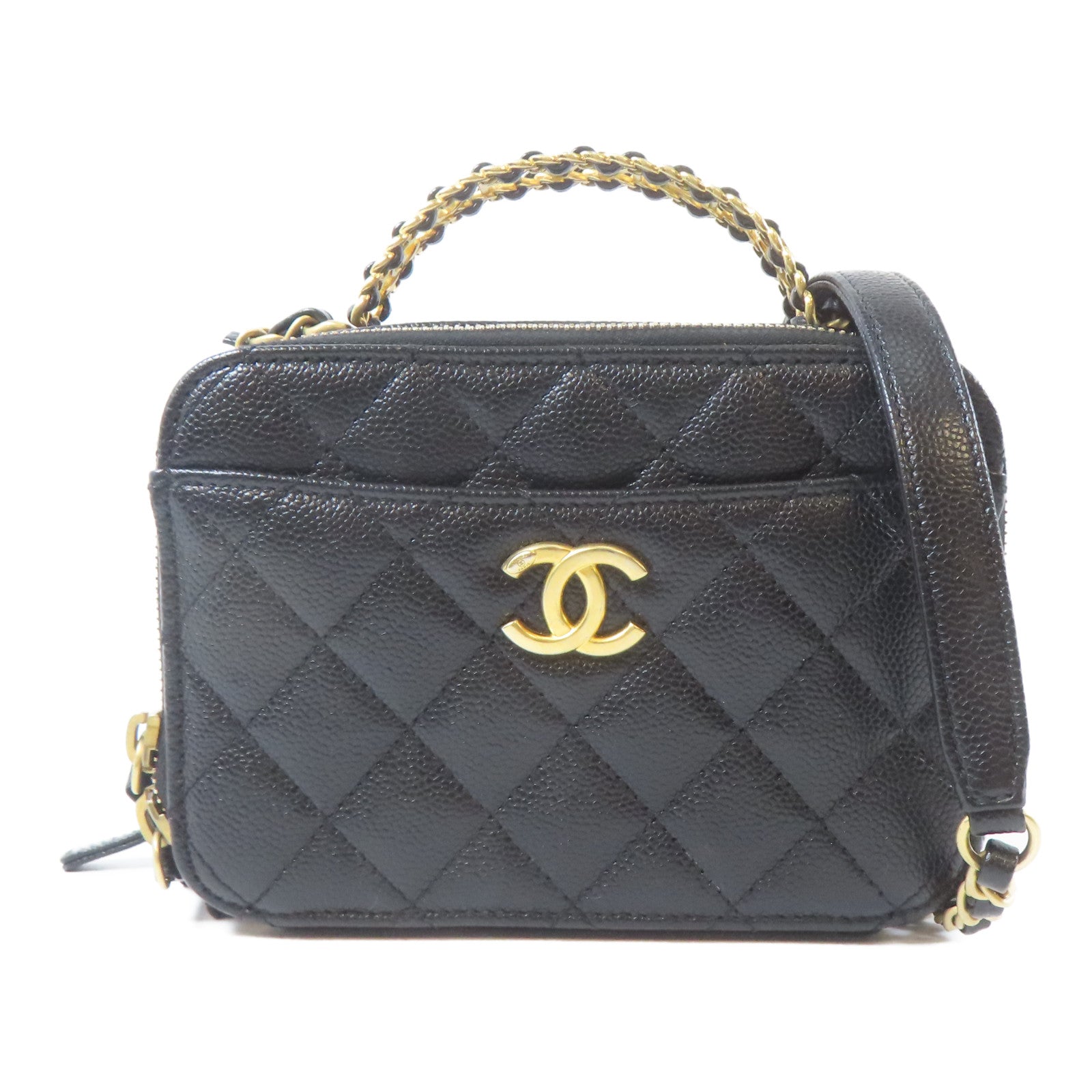 CHANEL 菱格Caviar皮革Small Vanity金扣手挽肩背兩用袋黑色