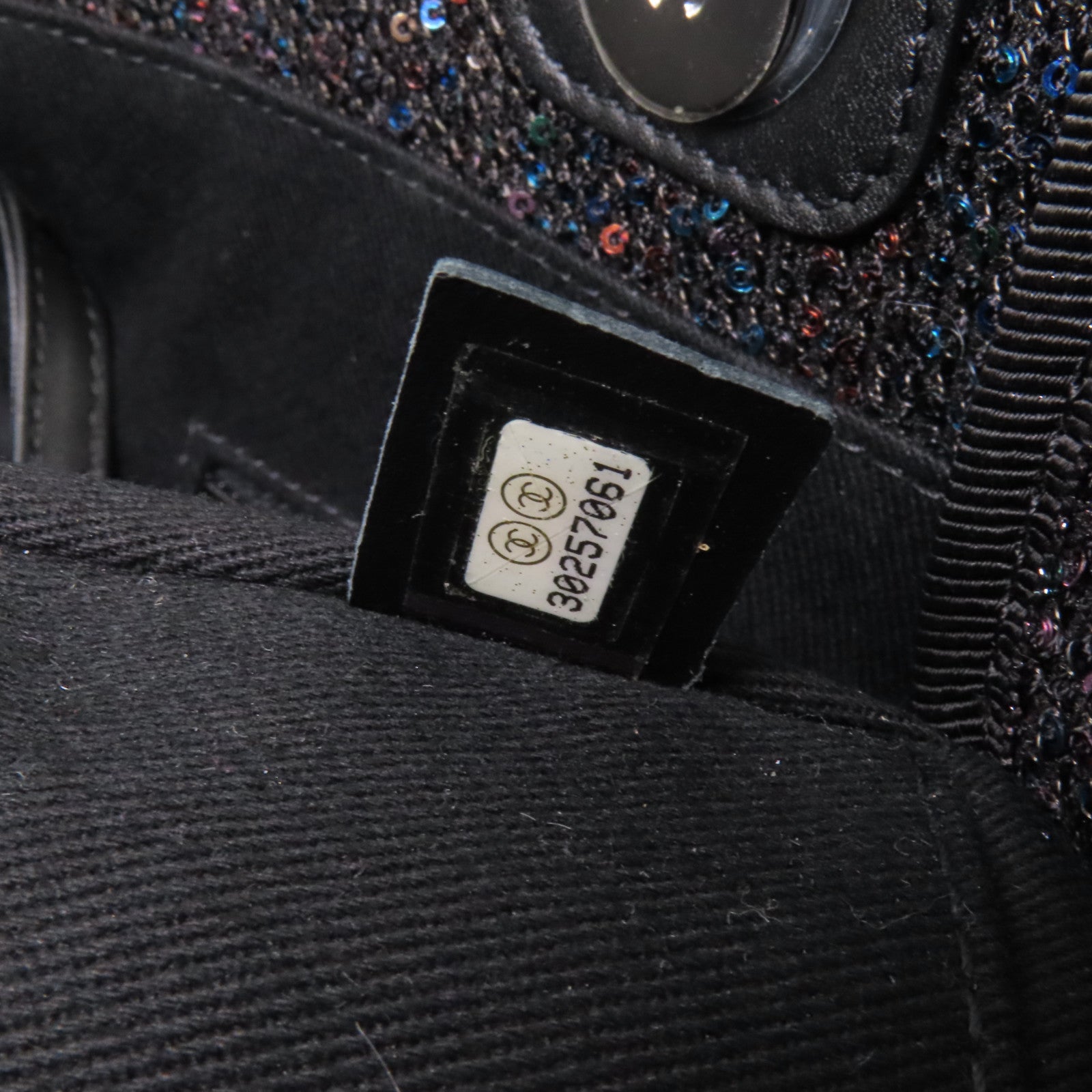 CHANEL 帆布/亮片Deauville Tote銀扣鏈帶手挽肩背兩用袋