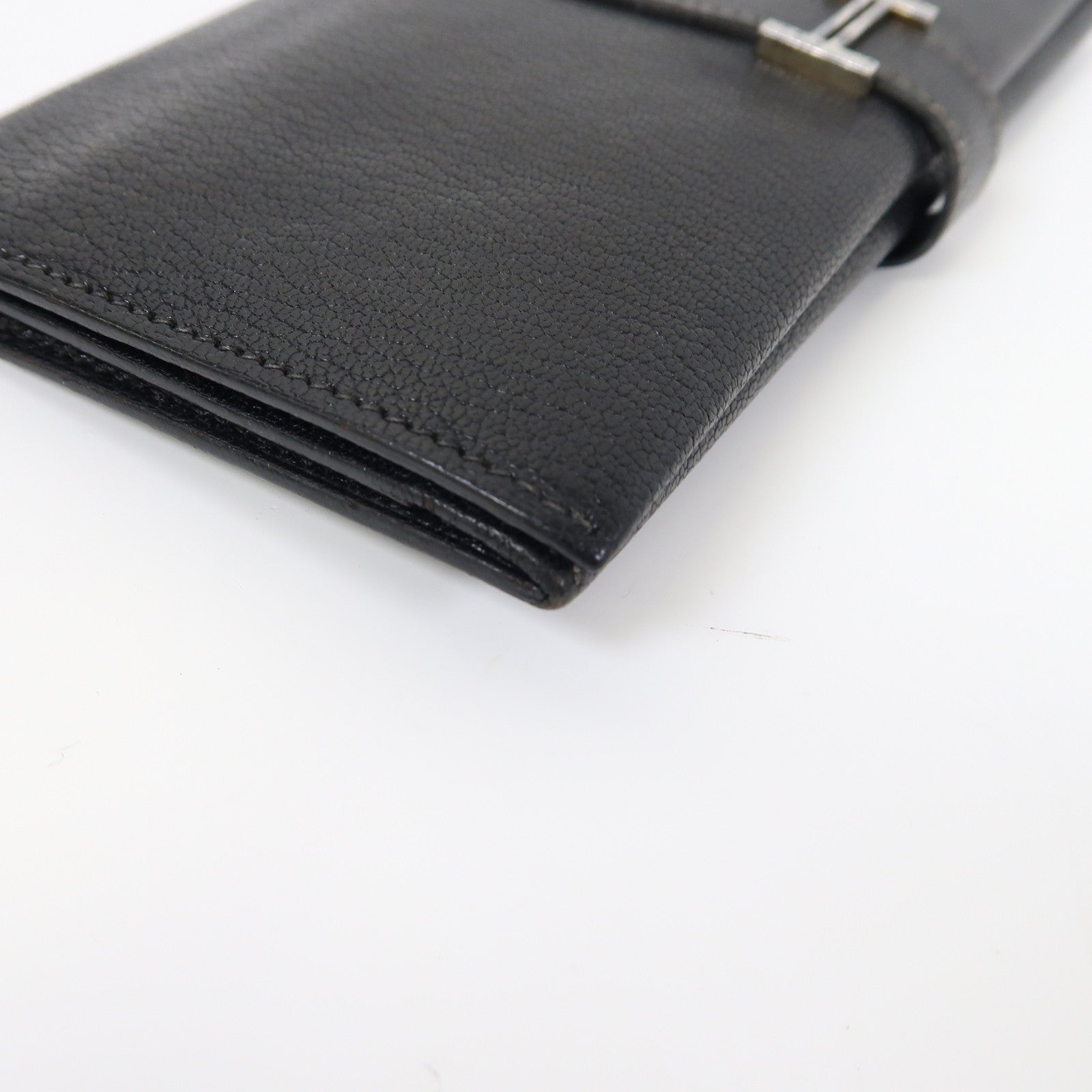 HERMES Chevre皮革Bearn tri-fold銀扣折疊長錢包黑色