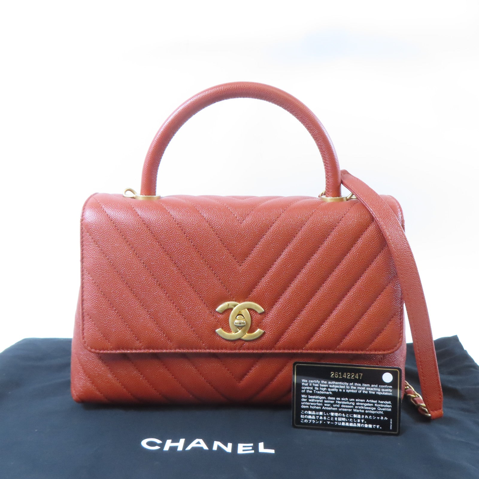 CHANEL 斜紋Caviar皮革Coco Handle金扣鏈帶手挽肩背兩用袋啡色