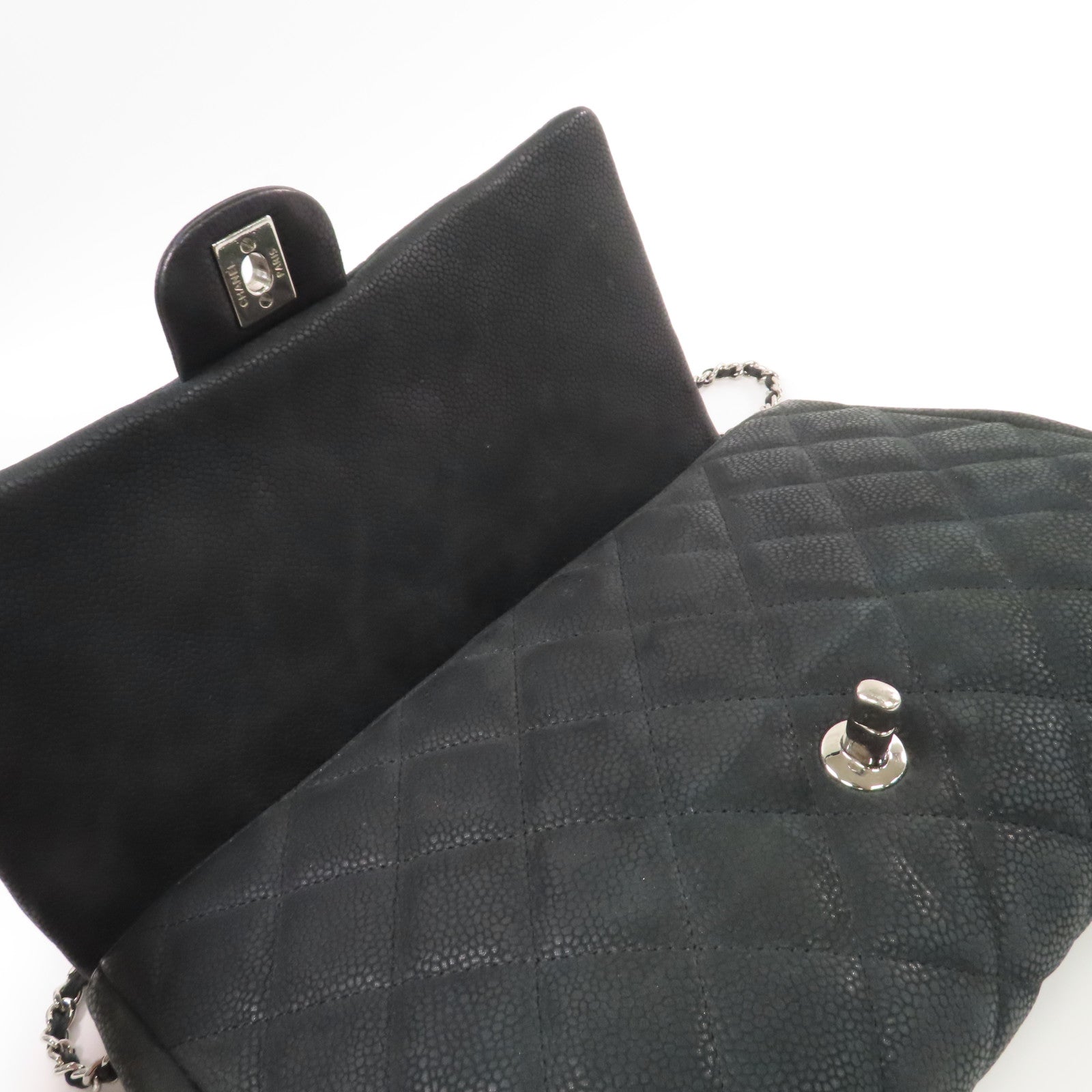 CHANEL 菱格Caviar皮革Timeless Chain Shoulder Bag銀扣鏈帶肩背袋黑色