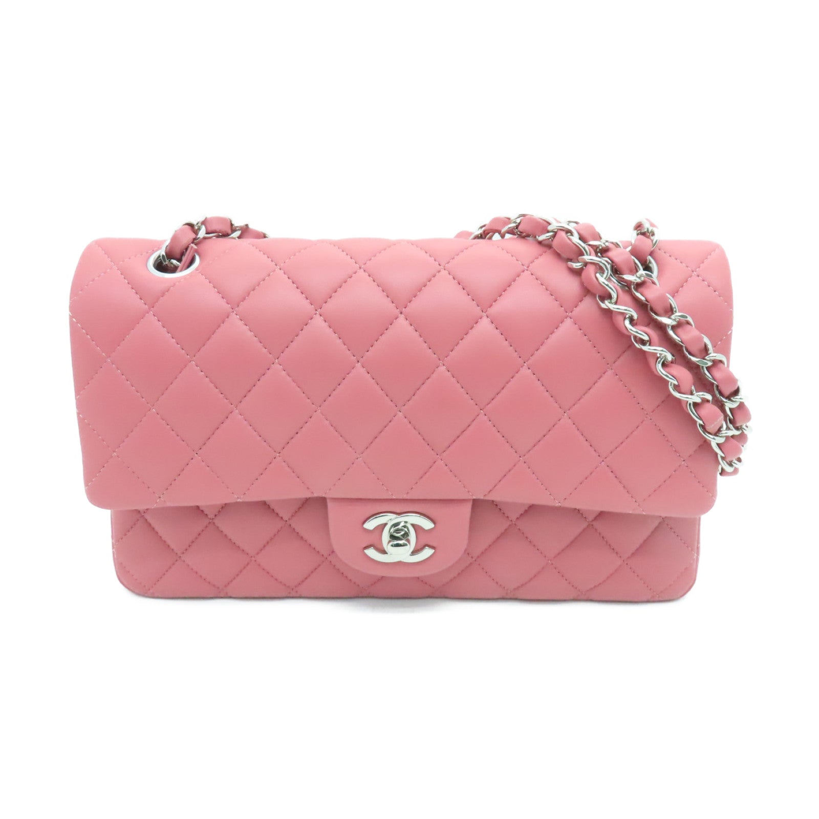 CHANEL 菱格羊皮皮革Classic Bag银扣链带肩背袋粉红色