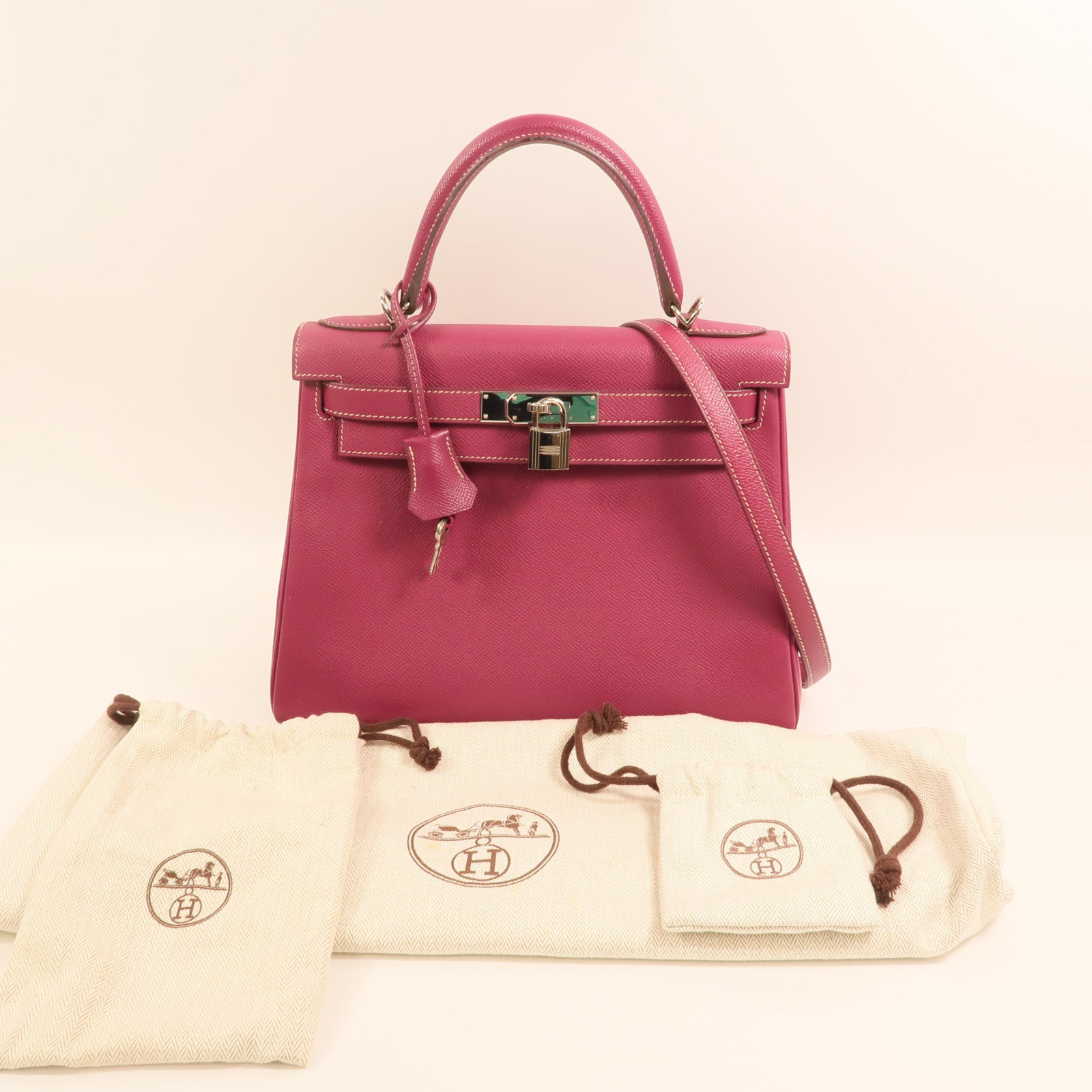 HERMES Epsom皮革Kelly 28銀扣手挽肩背兩用袋 Rose Tyrien/Rose Pourpre