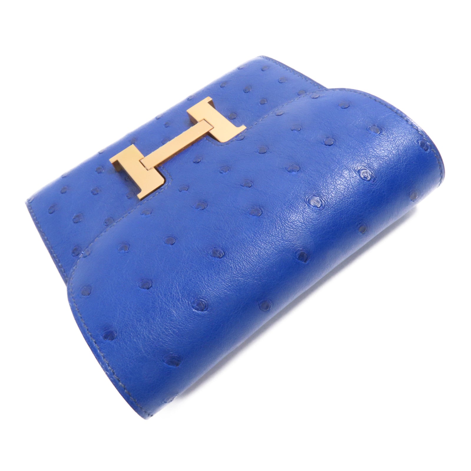 HERMES 鴕鳥皮革Constance Short Wallet金扣錢包7T Bleu Electrique