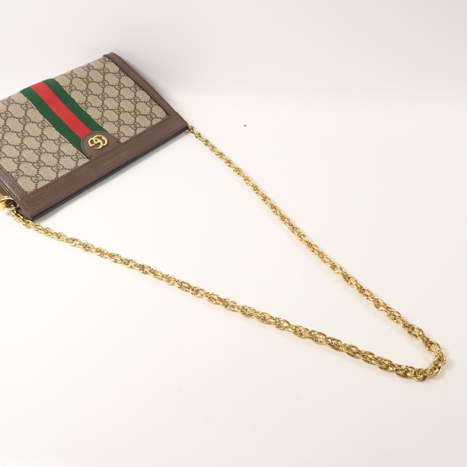 GUCCI 塗層帆布/皮革Ophidia Shoulder Bag金扣鏈帶金扣肩背袋啡色