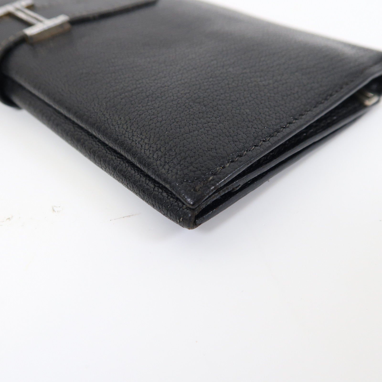 HERMES Chevre皮革Bearn tri-fold銀扣折疊長錢包黑色