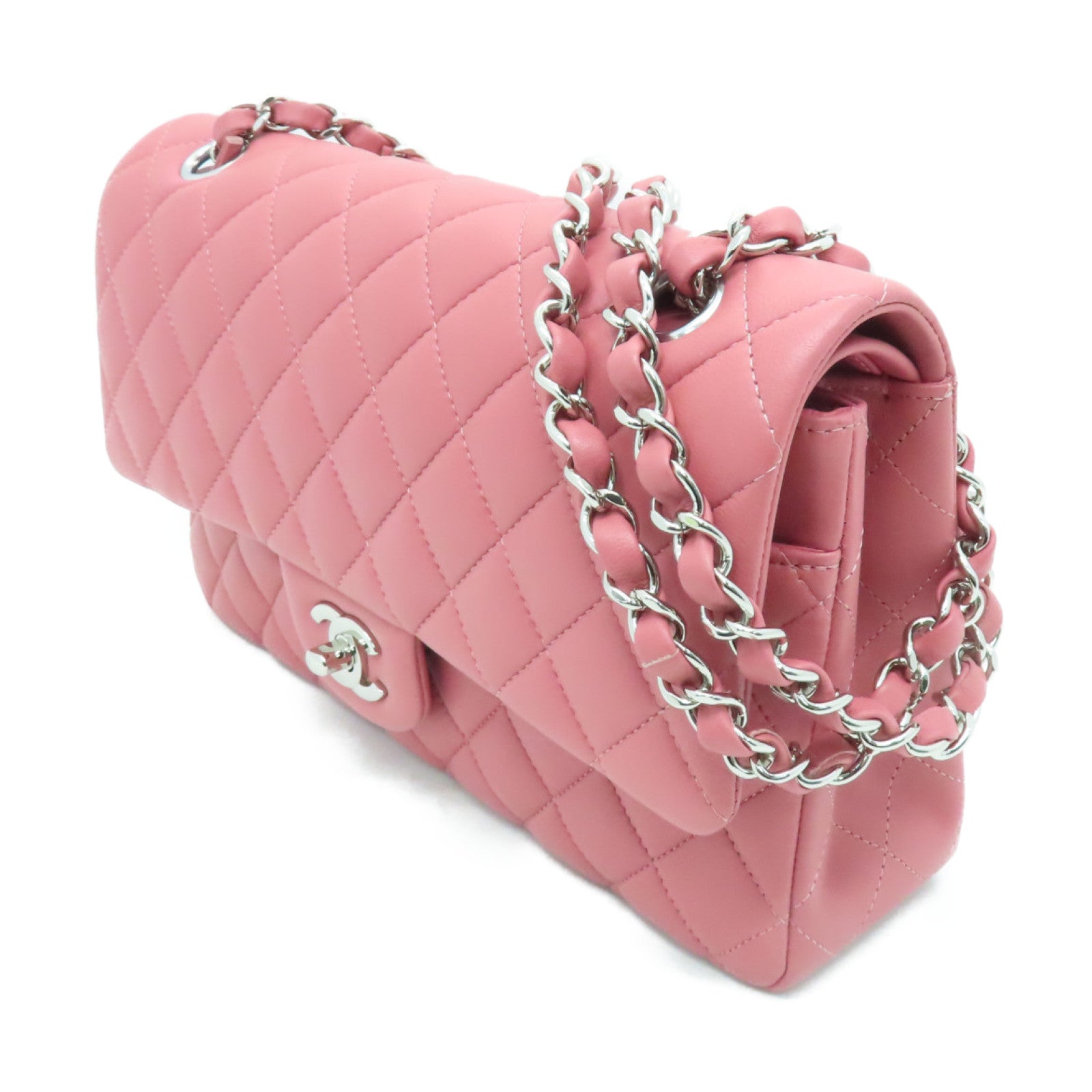 CHANEL 菱格羊皮皮革Classic Bag银扣链带肩背袋粉红色