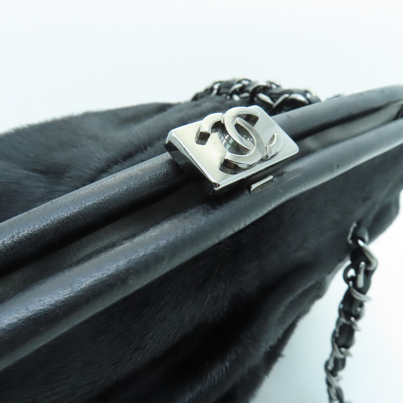 CHANEL horse hair Chain Shoulder Bag silver buckle chain shoulder bag black