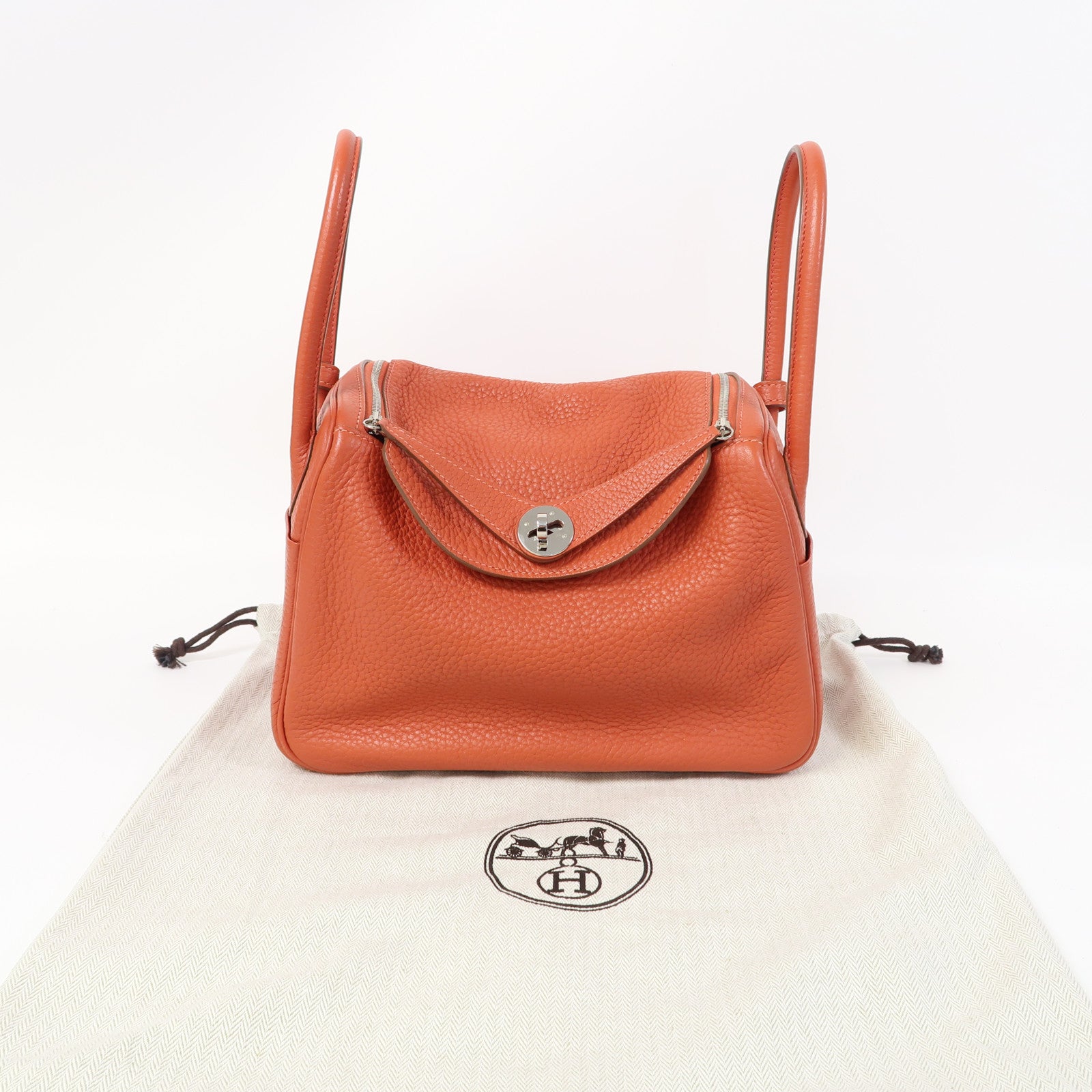 HERMES 【激減優惠】Clemence皮革Lindy 26銀扣手挽肩背兩用袋Capucine/橘色