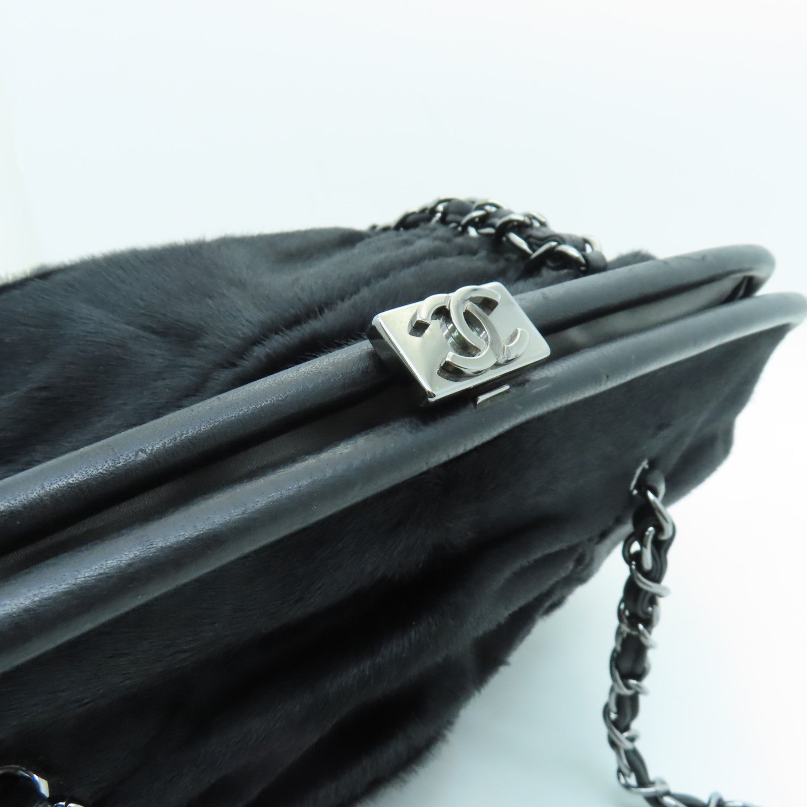 CHANEL horse hair Chain Shoulder Bag silver buckle chain shoulder bag black