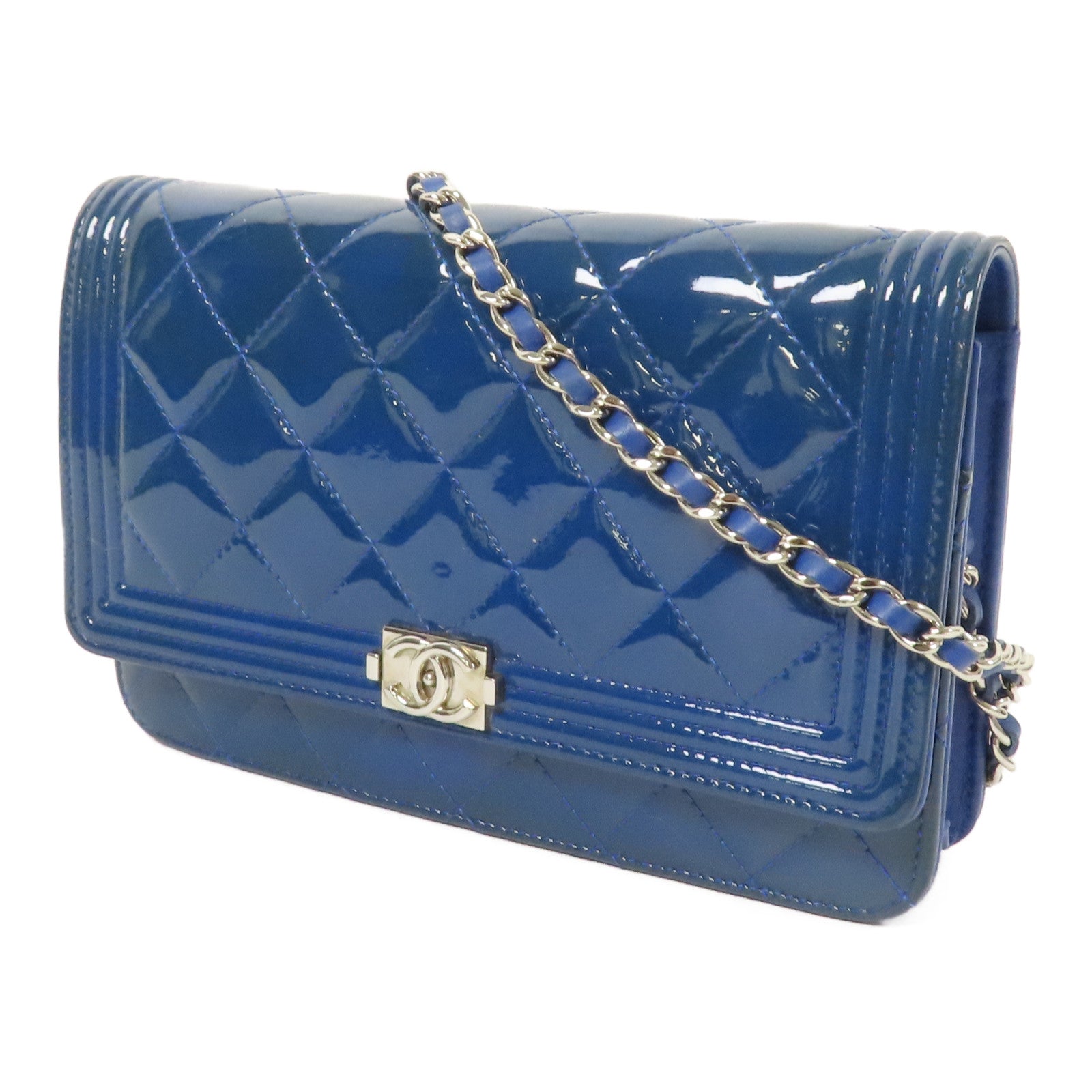 CHANEL 菱格漆皮皮革WOC Wallet On Chain銀扣鏈帶肩背袋藍色
