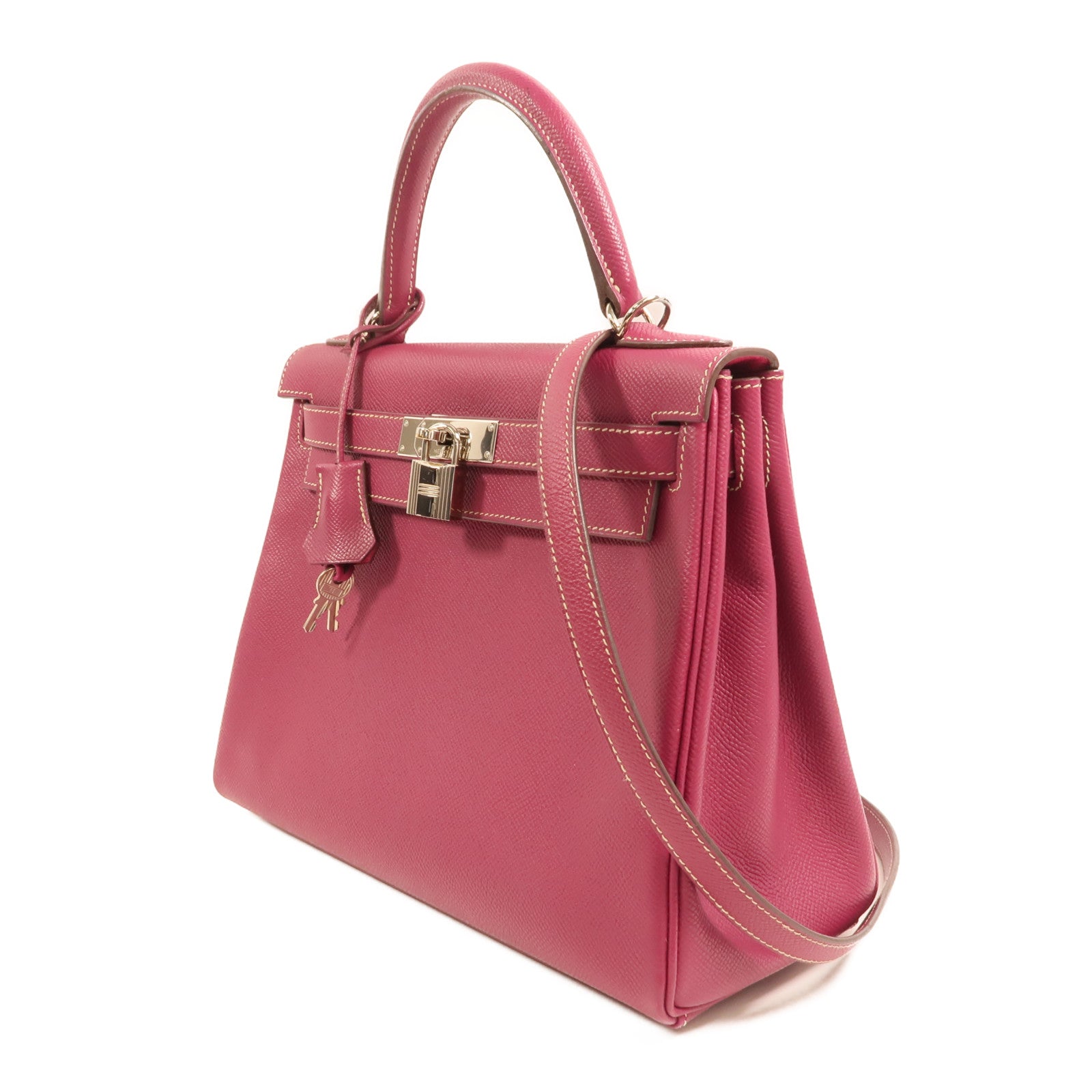 HERMES Epsom皮革Kelly 28銀扣手挽肩背兩用袋 Rose Tyrien/Rose Pourpre