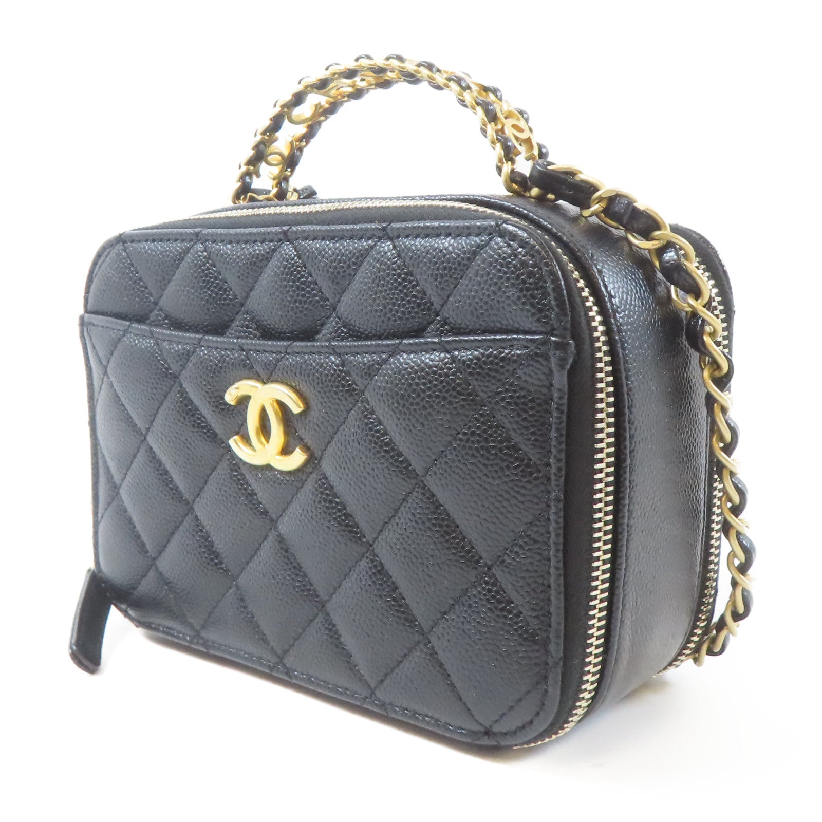 CHANEL 菱格Caviar皮革Small Vanity金扣手挽肩背兩用袋黑色