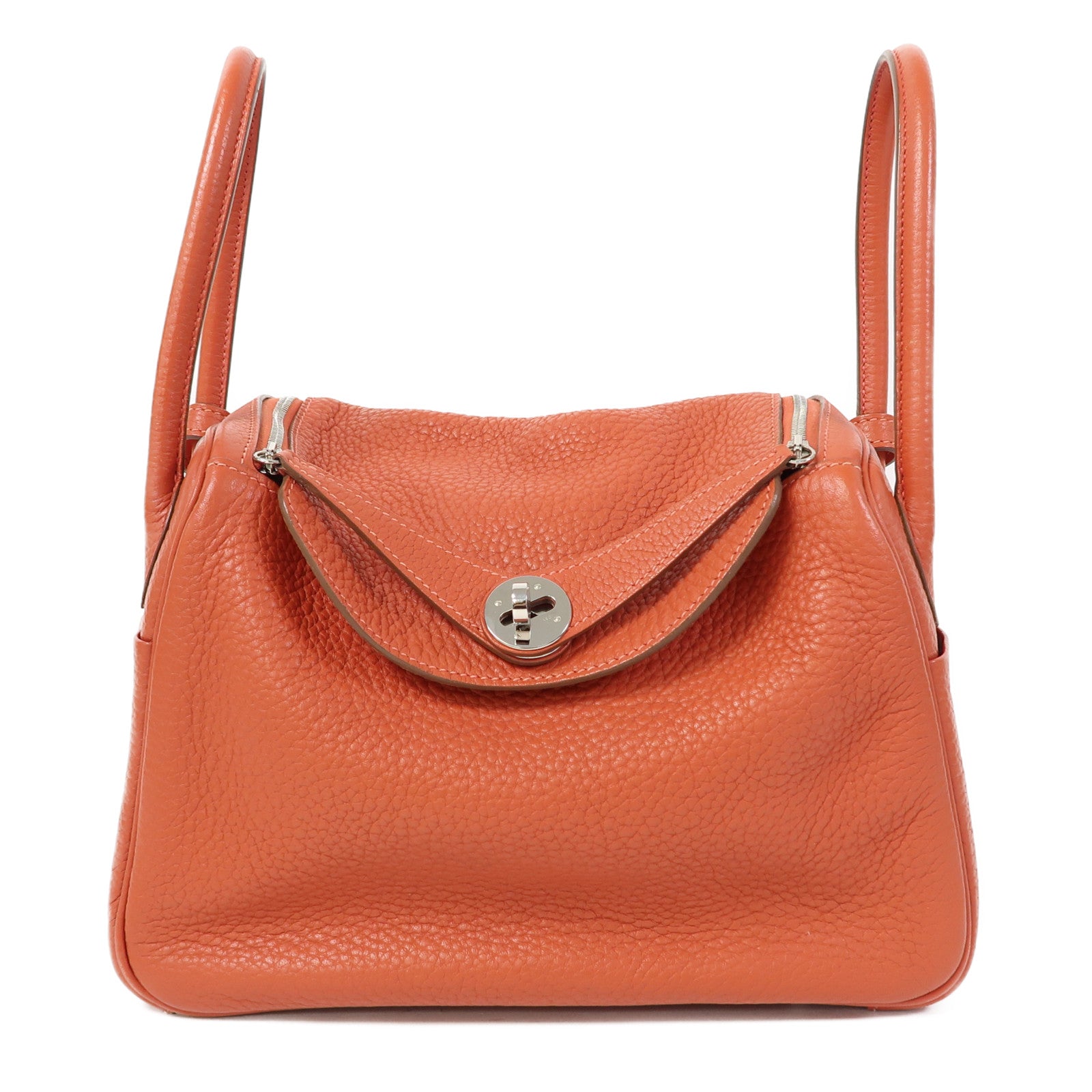 HERMES 【激減優惠】Clemence皮革Lindy 26銀扣手挽肩背兩用袋Capucine/橘色