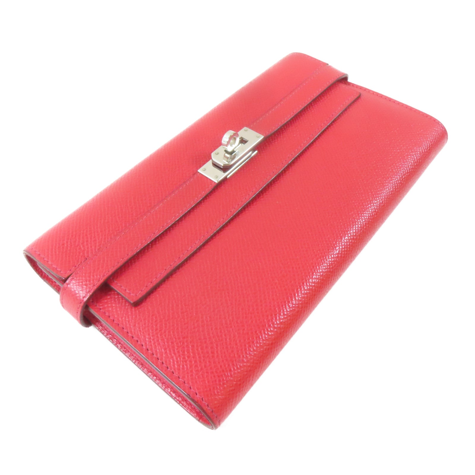 HERMES Epsom皮革Kelly Wallet銀扣長錢包Rouge Casaque/紅色