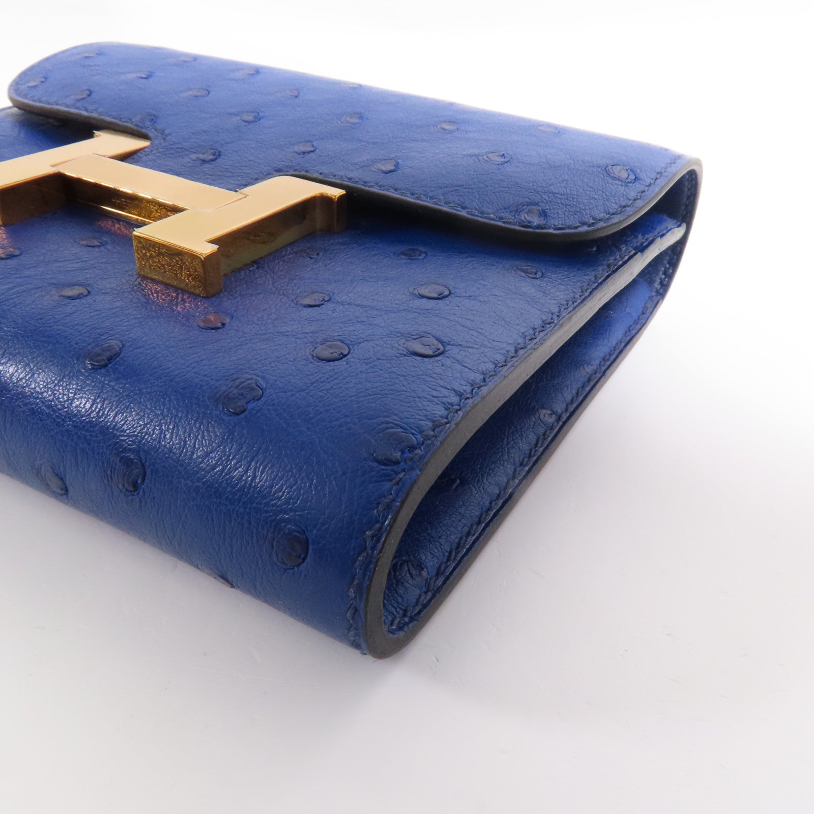 HERMES 鴕鳥皮革Constance Short Wallet金扣錢包7T Bleu Electrique