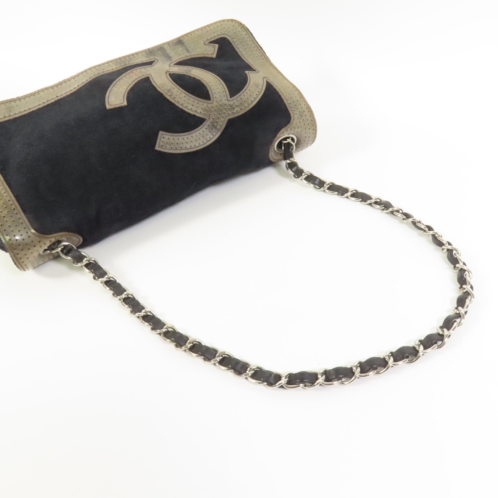 CHANEL 棉質Chain Shoulder銀扣肩背袋