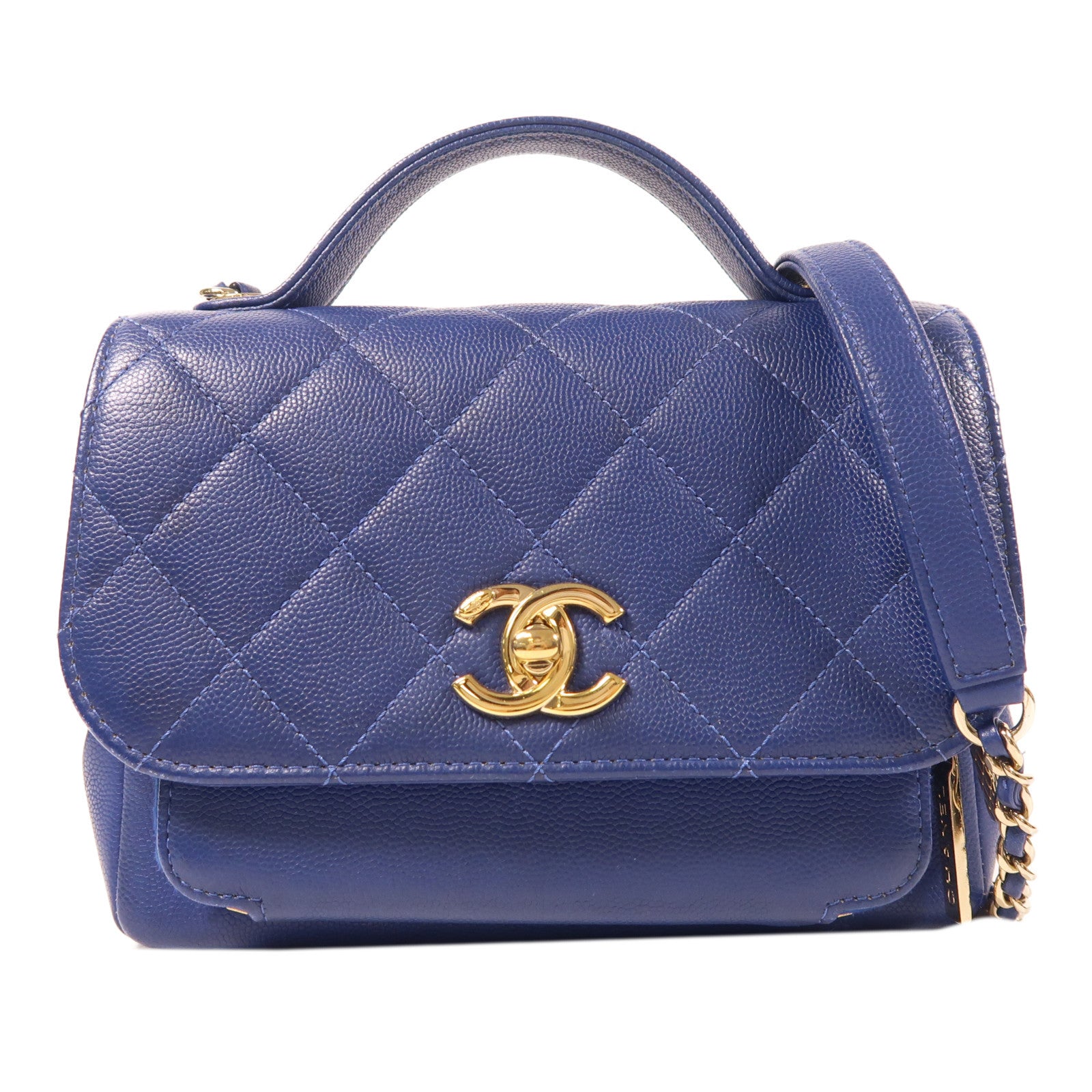 CHANEL 牛皮皮革Shoulder bag金扣鏈帶肩背袋深藍色