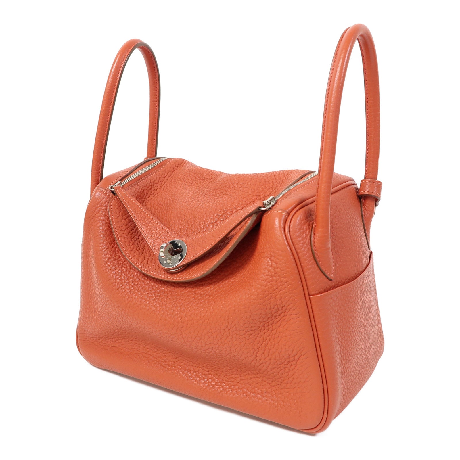 HERMES 【激減優惠】Clemence皮革Lindy 26銀扣手挽肩背兩用袋Capucine/橘色