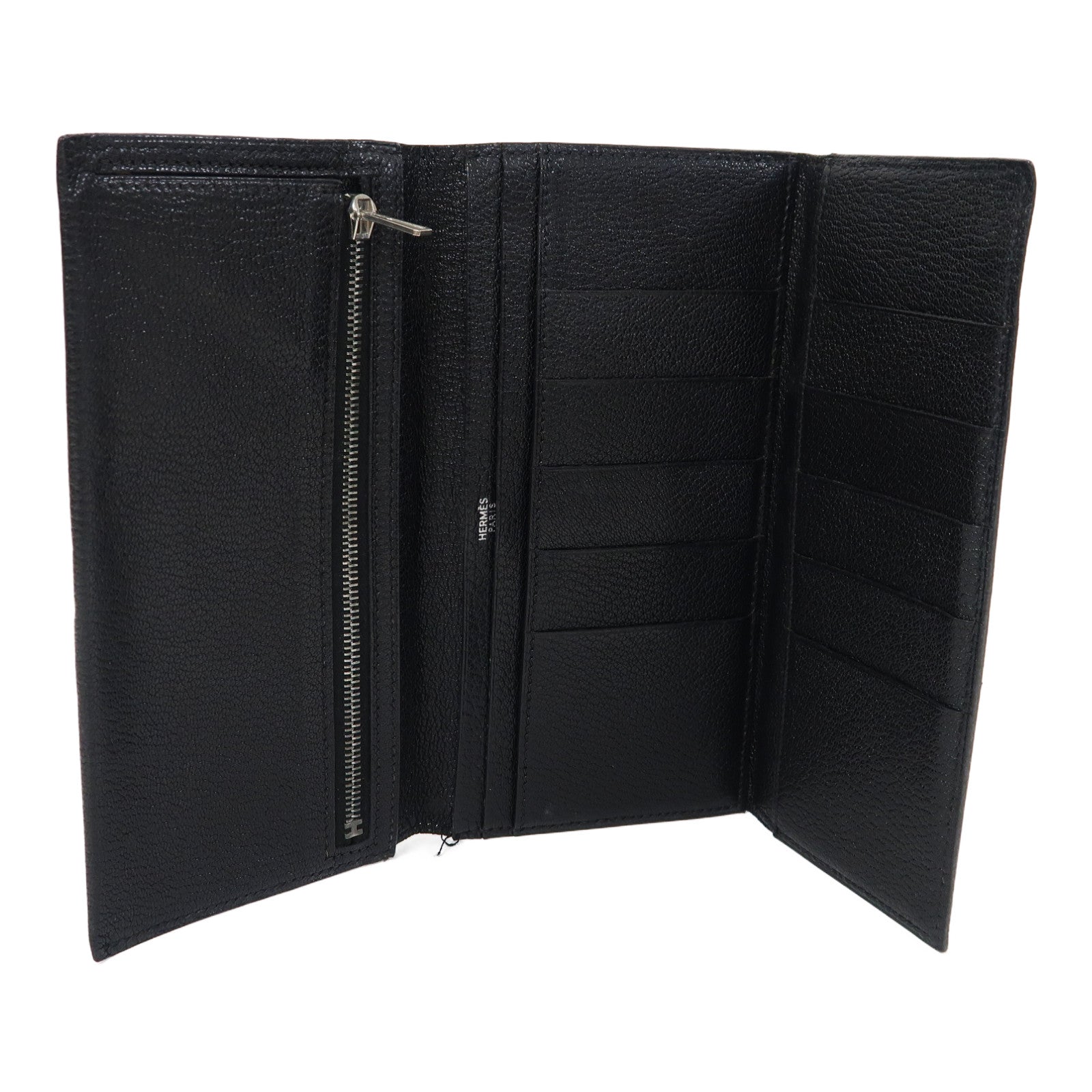 HERMES Chevre皮革Bearn tri-fold銀扣折疊長錢包黑色