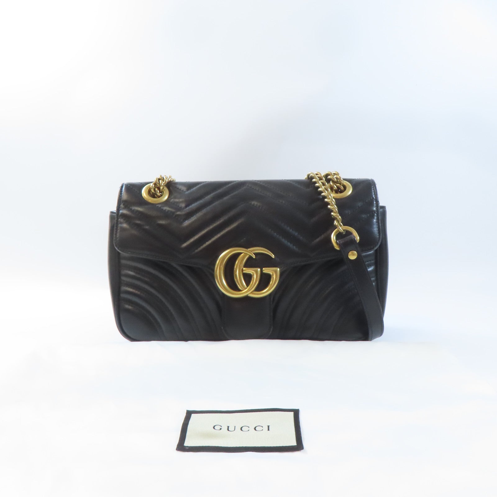 GUCCI 皮革GG Marmont金扣鏈帶肩背袋黑色