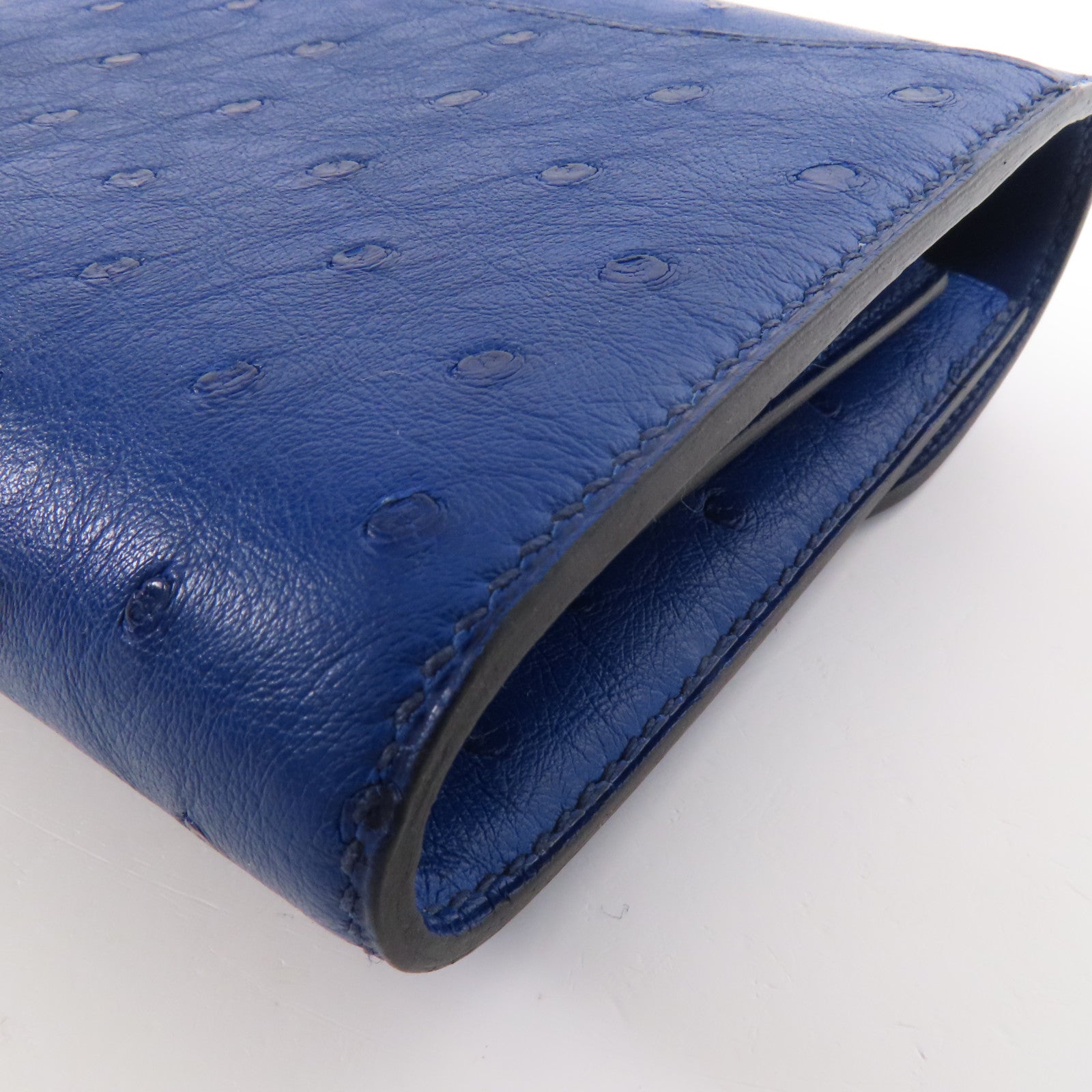 HERMES 鴕鳥皮革Constance Short Wallet金扣錢包7T Bleu Electrique