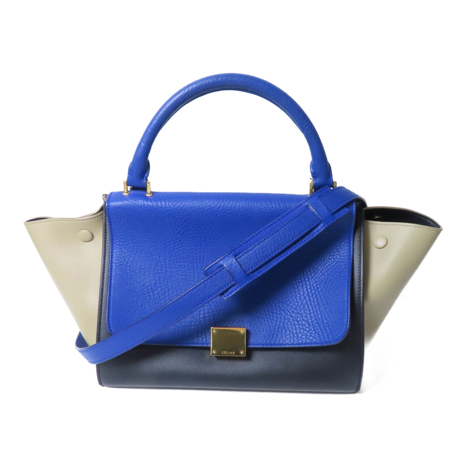 CELINE 牛皮皮革Trapeze金扣手挽肩背兩用袋藍色/米色/黑色