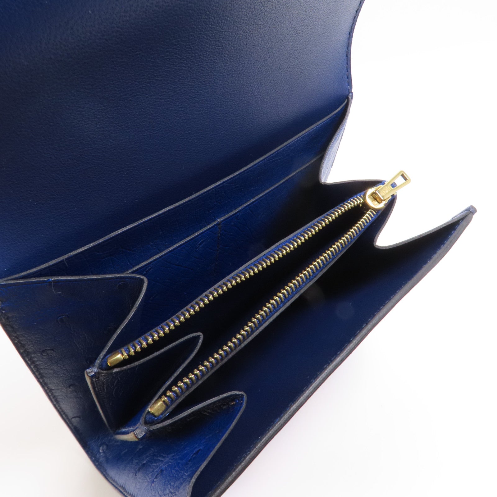 HERMES 鴕鳥皮革Constance Short Wallet金扣錢包7T Bleu Electrique