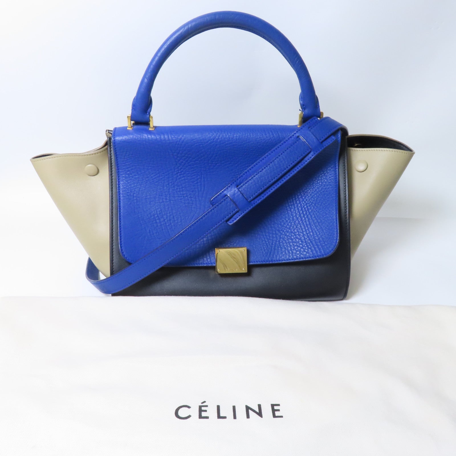 CELINE 牛皮皮革Trapeze金扣手挽肩背兩用袋藍色/米色/黑色