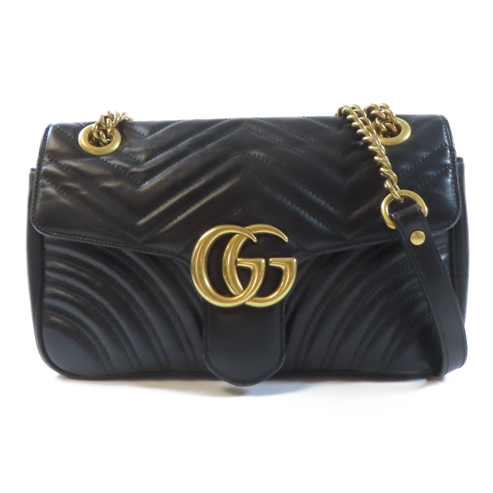 GUCCI 皮革GG Marmont金扣鏈帶肩背袋黑色