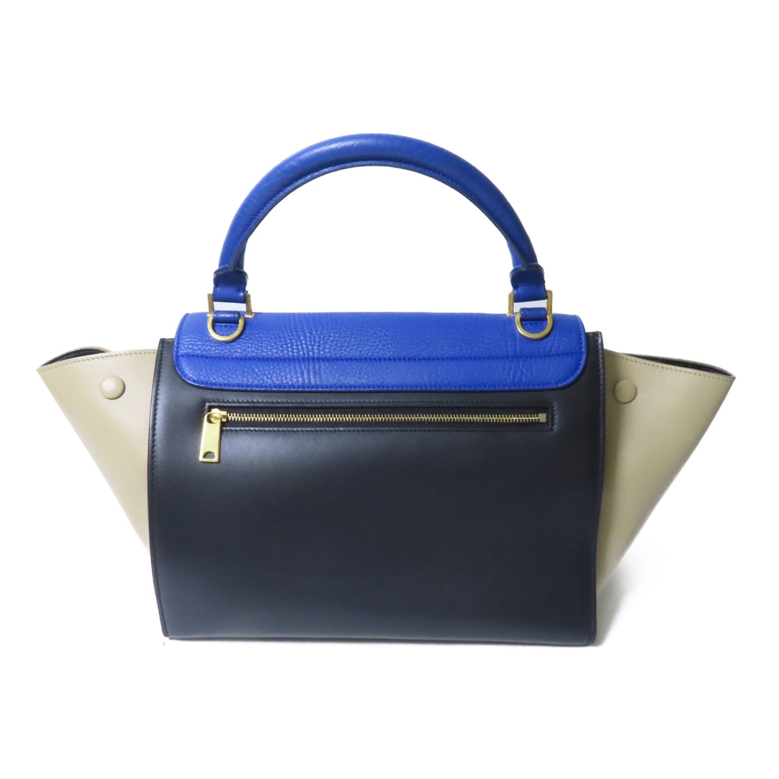 CELINE 牛皮皮革Trapeze金扣手挽肩背兩用袋藍色/米色/黑色