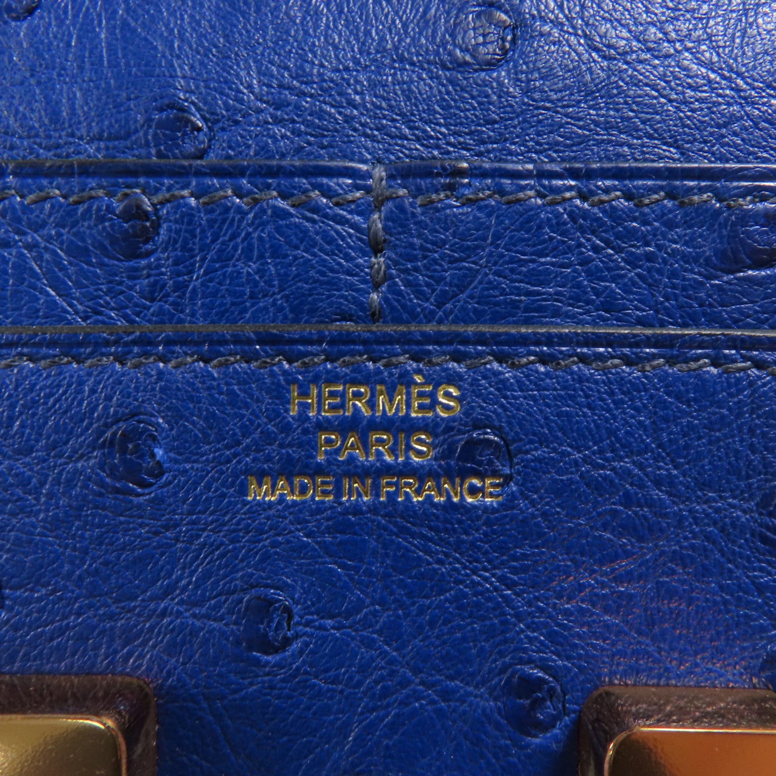 HERMES 鴕鳥皮革Constance Short Wallet金扣錢包7T Bleu Electrique