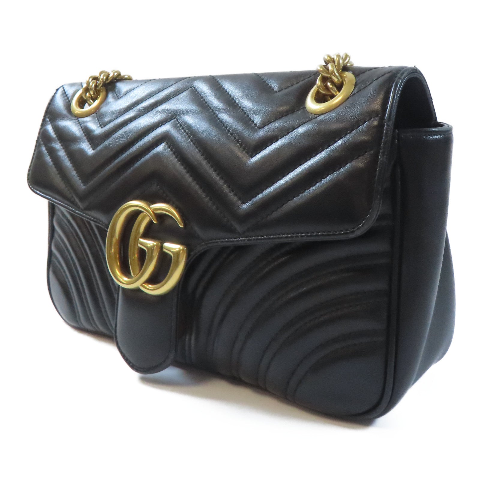 GUCCI 皮革GG Marmont金扣鏈帶肩背袋黑色