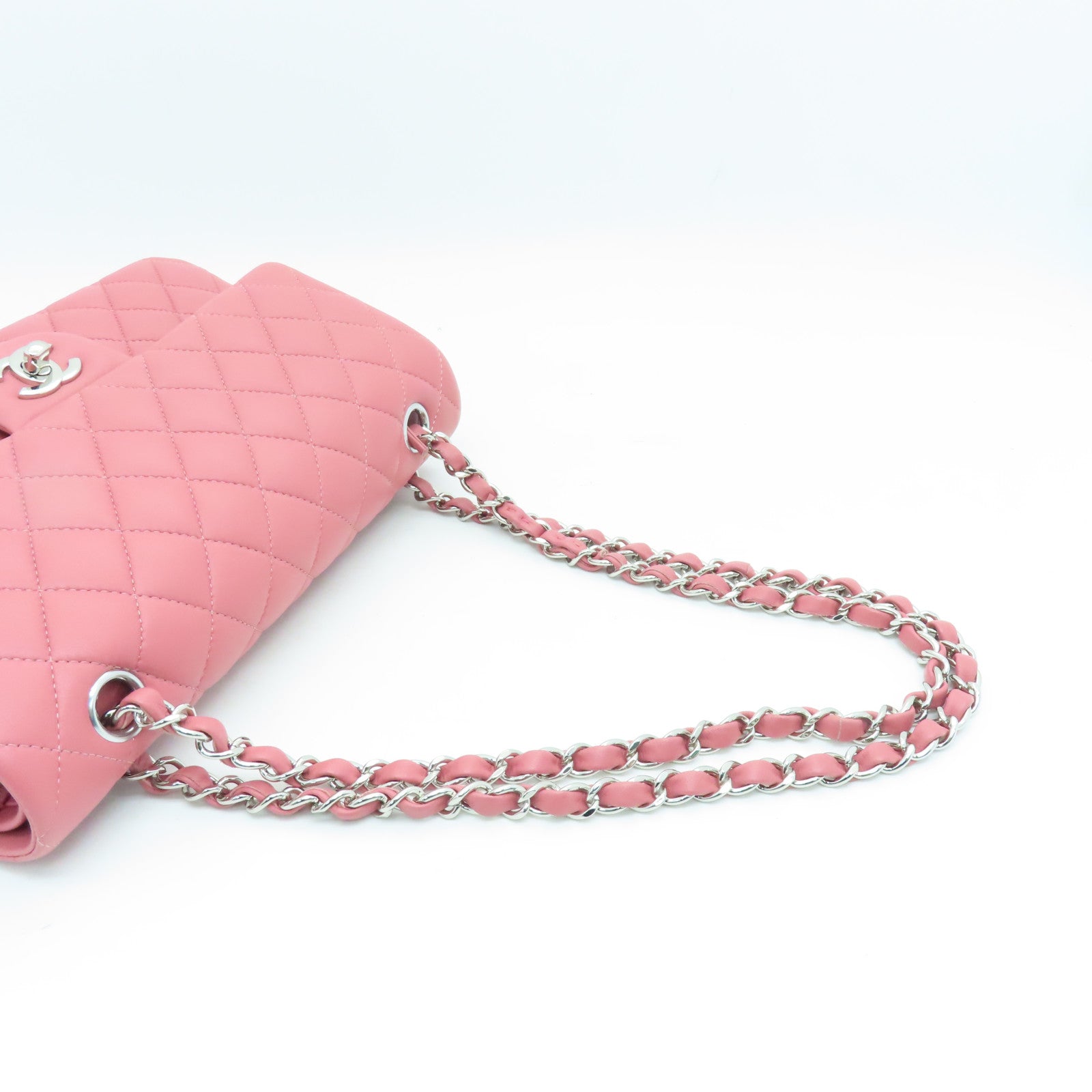 CHANEL 菱格羊皮皮革Classic Bag银扣链带肩背袋粉红色
