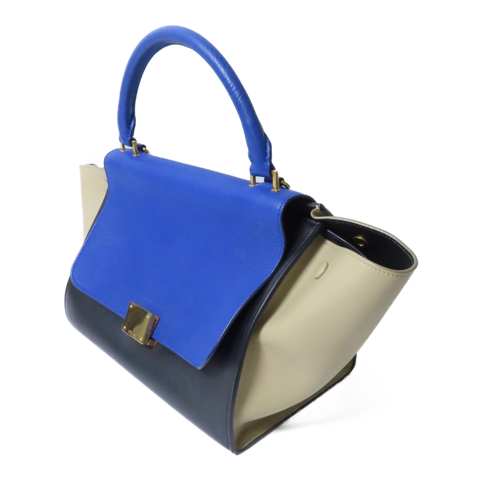 CELINE 牛皮皮革Trapeze金扣手挽肩背兩用袋藍色/米色/黑色