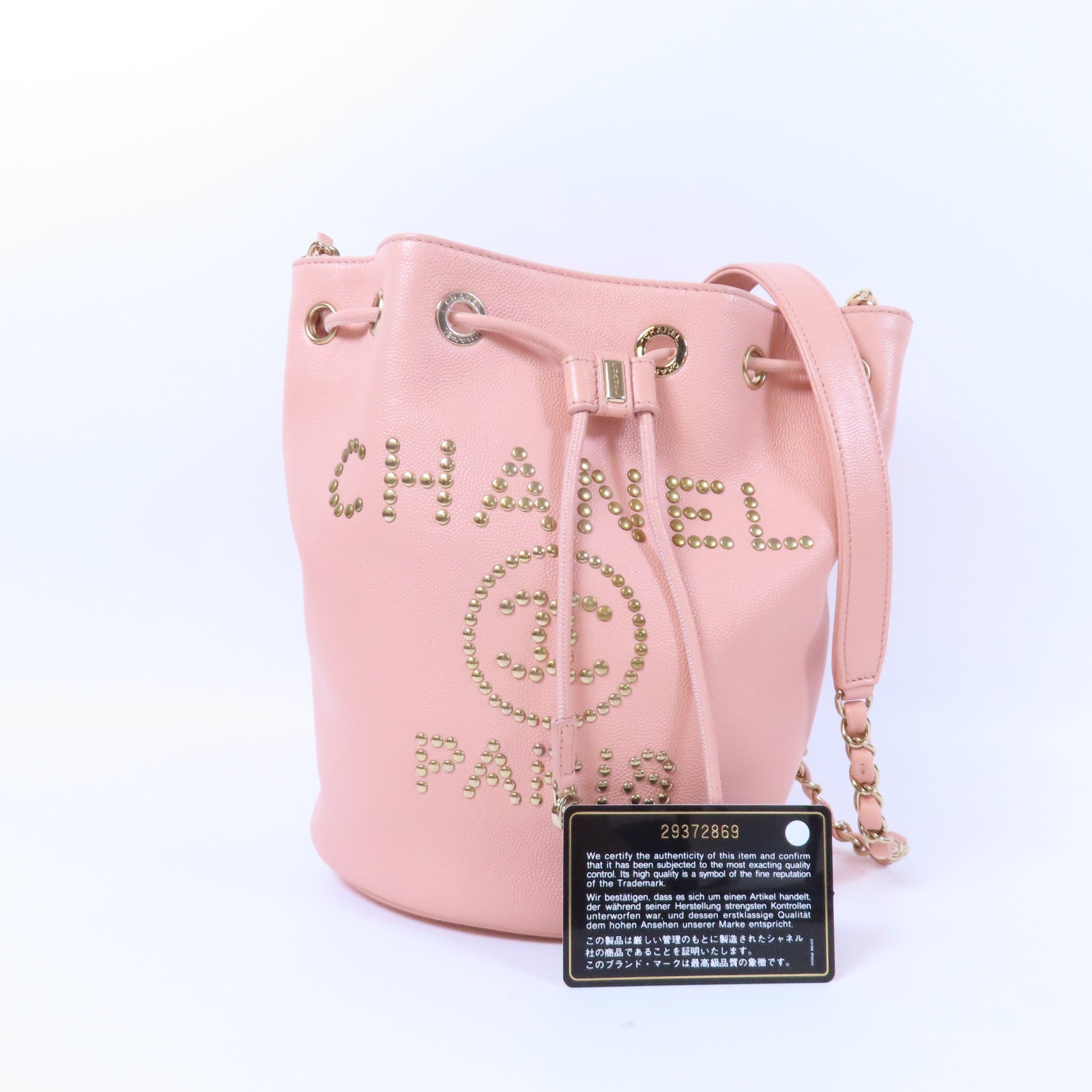 CHANEL Caviar皮革Deauville Drawstring Bucket金扣鏈帶肩背袋粉紅色