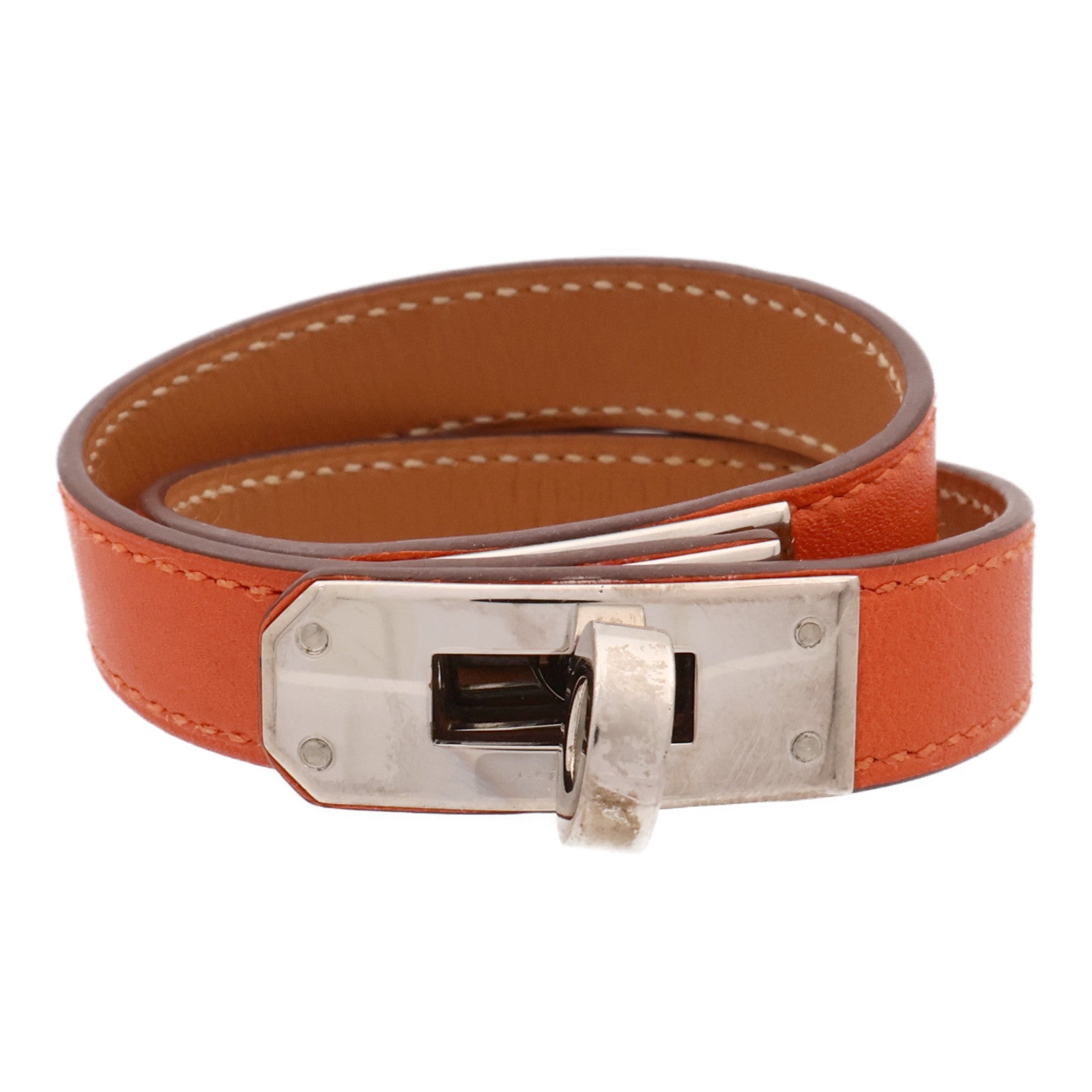 HERMES 【激減優惠】Swift皮革Kelly Double Tour Bracelet銀扣手帶Orange
