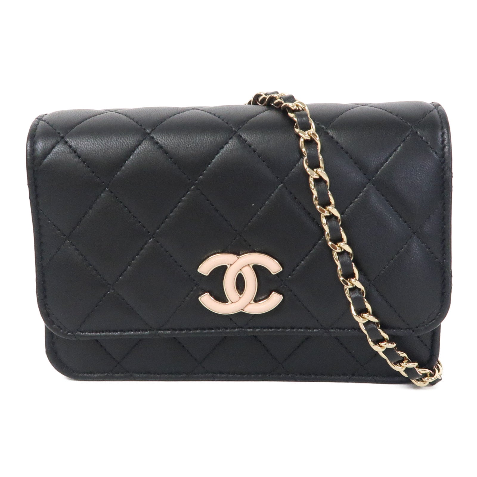 CHANEL 菱格羊皮皮革Mini Wallet On Chain金扣鏈帶肩背袋黑色/粉紅色