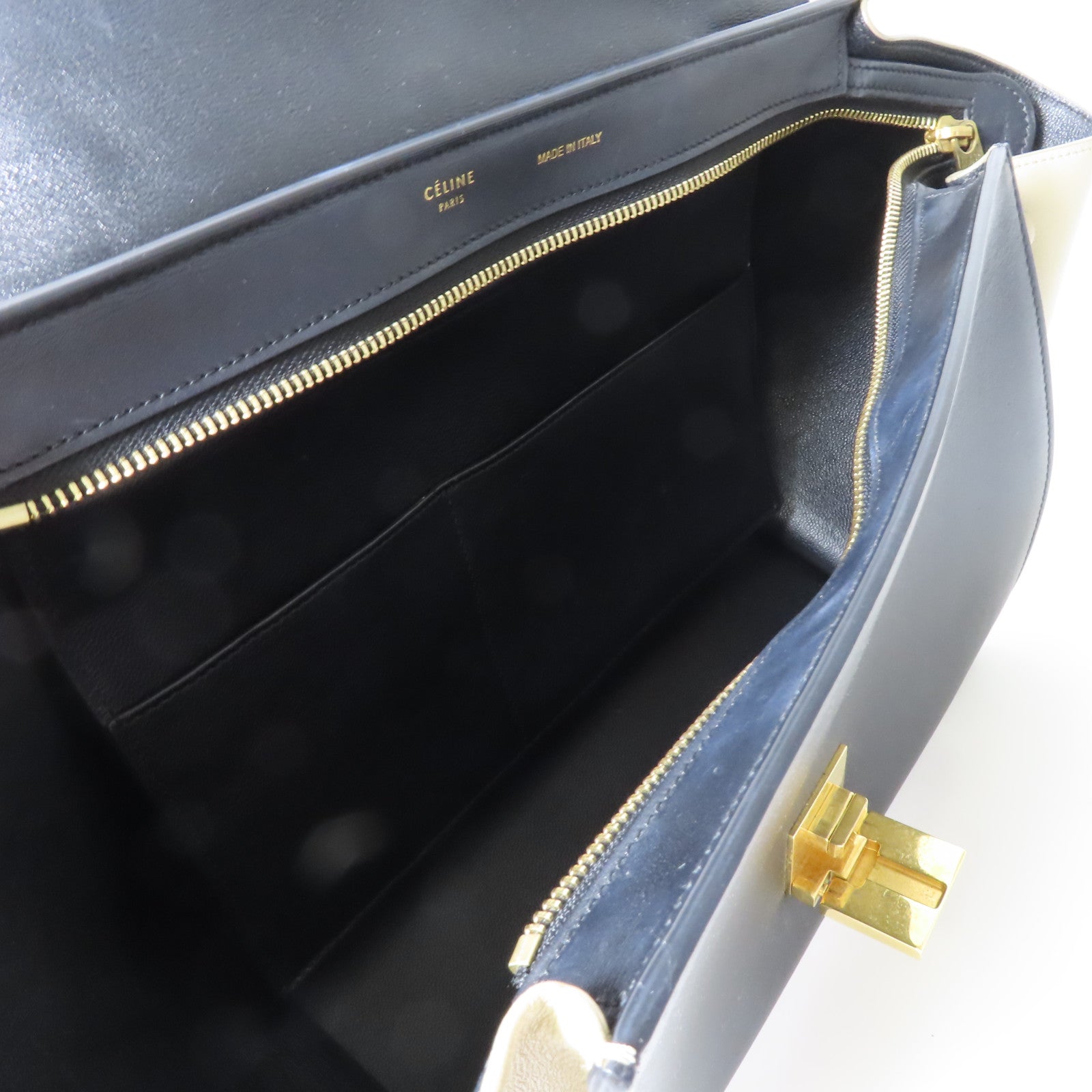 CELINE 牛皮皮革Trapeze金扣手挽肩背兩用袋藍色/米色/黑色
