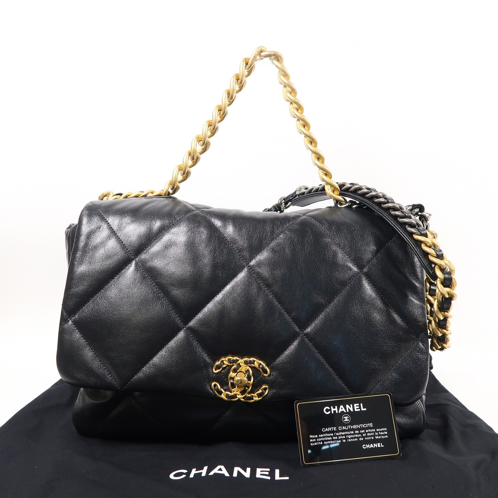 CHANEL 菱格羊皮皮革Chanel 19 Maxi金扣鏈帶手挽肩背兩用袋黑色