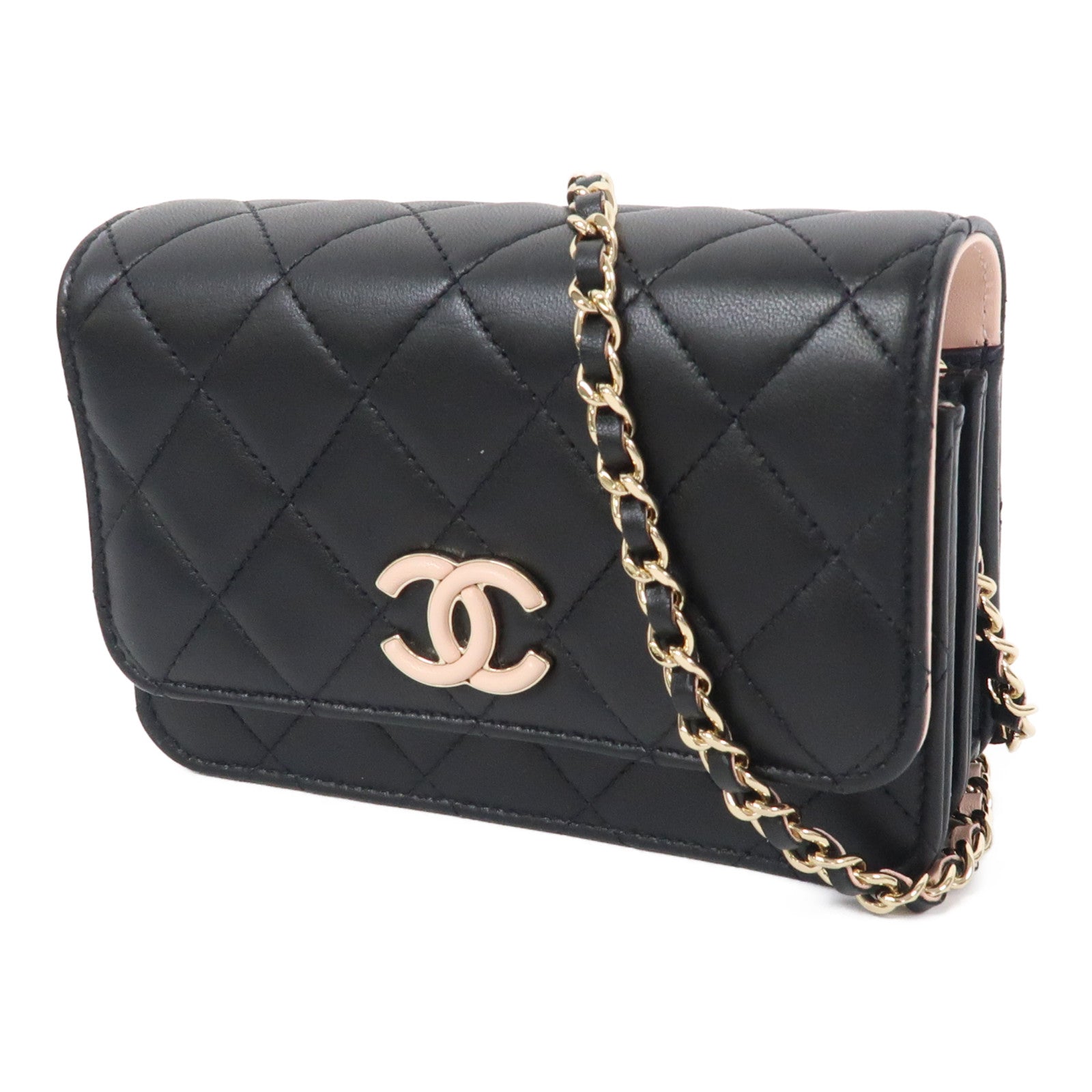 CHANEL 菱格羊皮皮革Mini Wallet On Chain金扣鏈帶肩背袋黑色/粉紅色