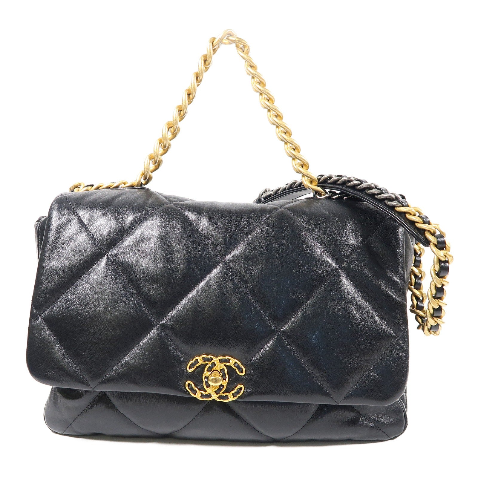 CHANEL 菱格羊皮皮革Chanel 19 Maxi金扣鏈帶手挽肩背兩用袋黑色
