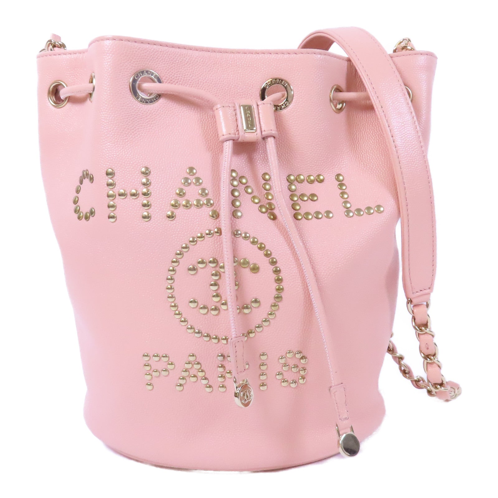 CHANEL Caviar皮革Deauville Drawstring Bucket金扣鏈帶肩背袋粉紅色
